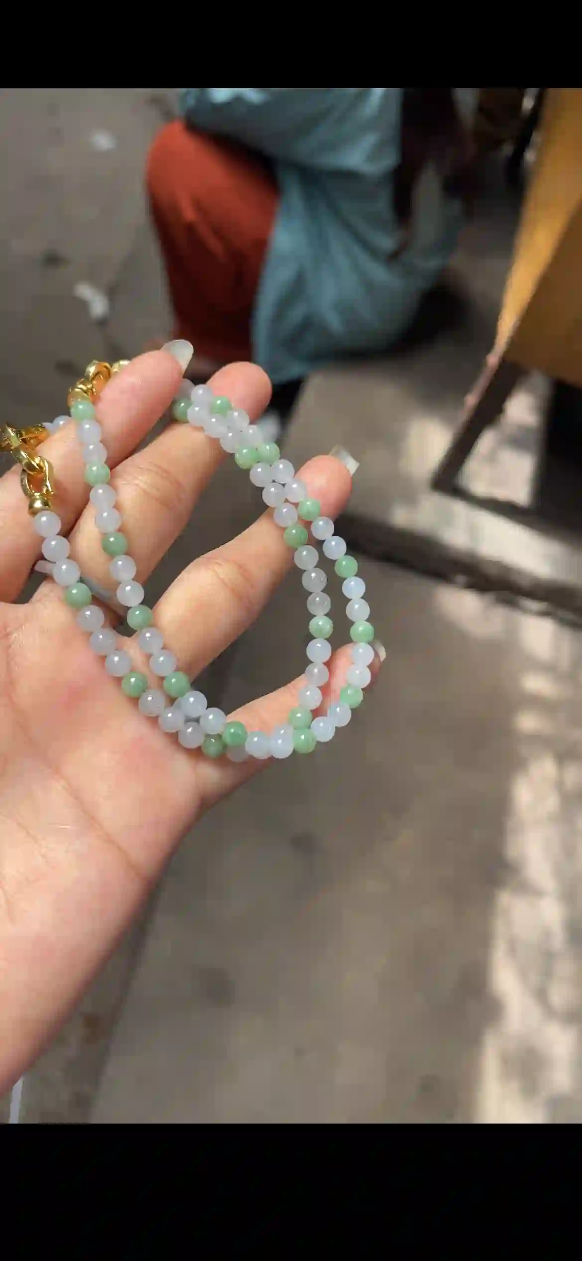 Icy White & Pale Green Jade Bead Double-Strand Bracelet with Gold Clasps, view 2 | Myanmar Jadeite reference #21480001