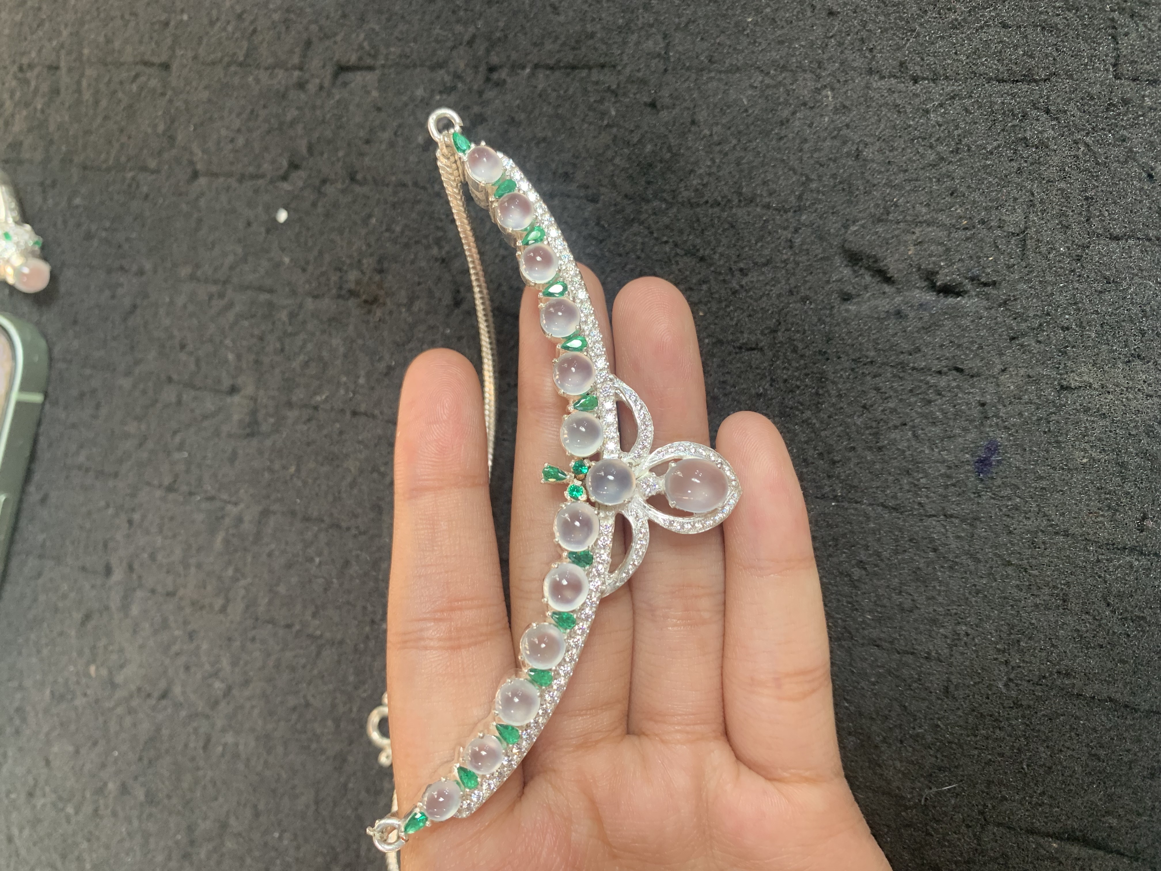 Exquisite Translucent Jade, Green Gem & Sparkling Stone Embellished Necklace - Burmese Jadeite from Myanmar