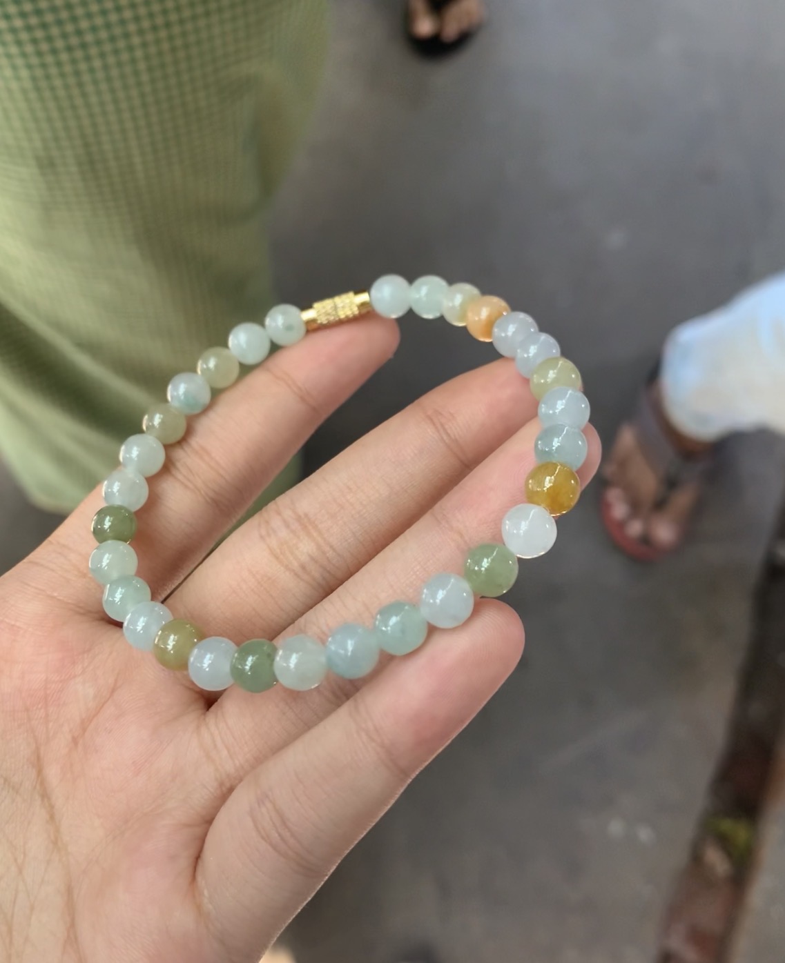 Natural Multicolor Ice Jadeite Bead Bracelet with Gold Clasp Accent - Burmese Jadeite from Myanmar