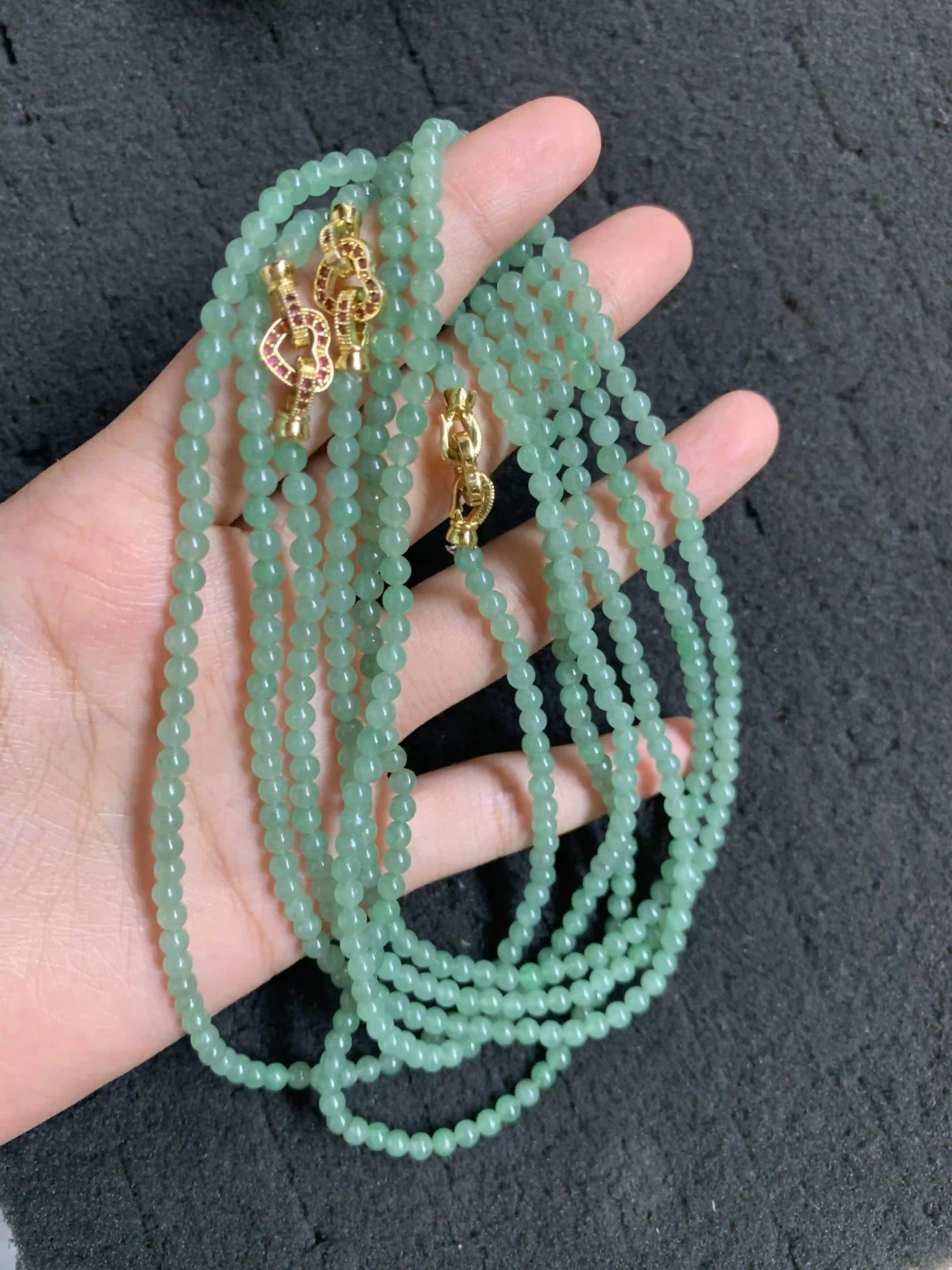   Icy Green Jade Bead Necklace with Gold Clasp | Myanmar Jadeite reference #2130004