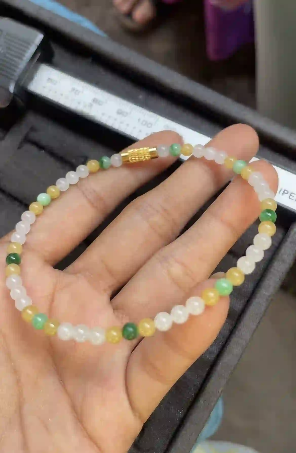 Natural Multicolor Jade Bead Bracelet with Gold Accent | Myanmar Jadeite reference #2520008