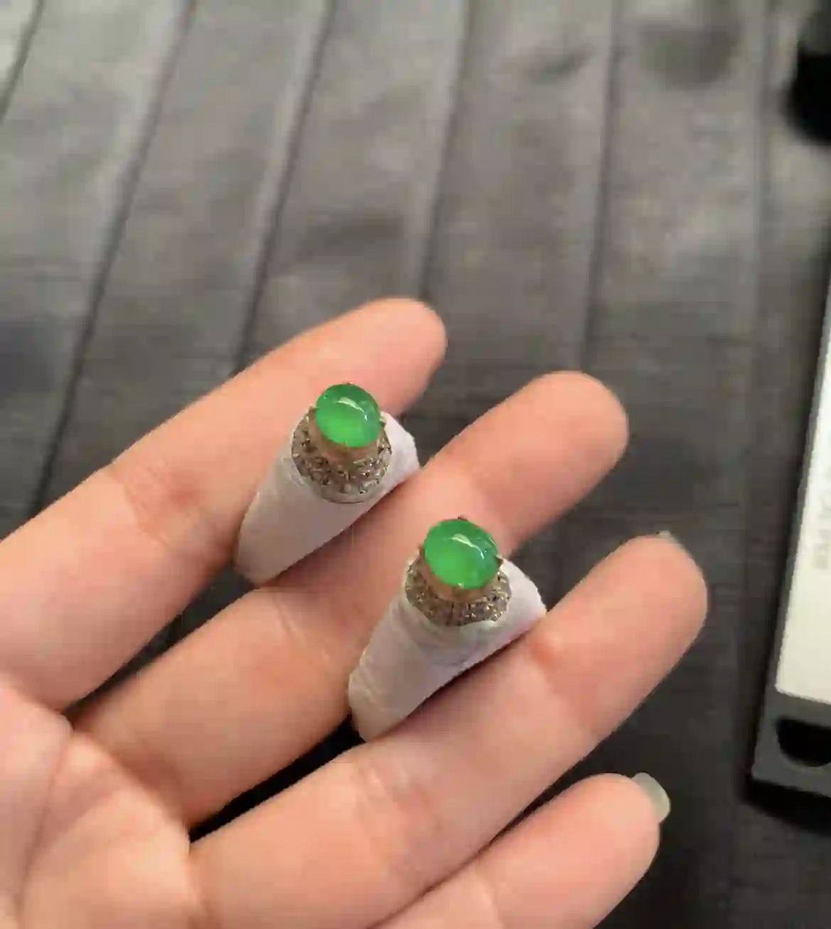   Natural Vivid Green Jadeite Cabochon Ring Settings, Pair, view 2 | Myanmar Jadeite reference #2400003