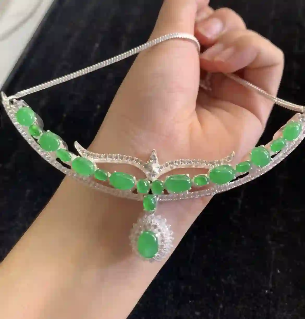 Luxurious Vivid Green Jade & Diamond Statement Necklace, view 2 | Myanmar Jadeite reference #17520001