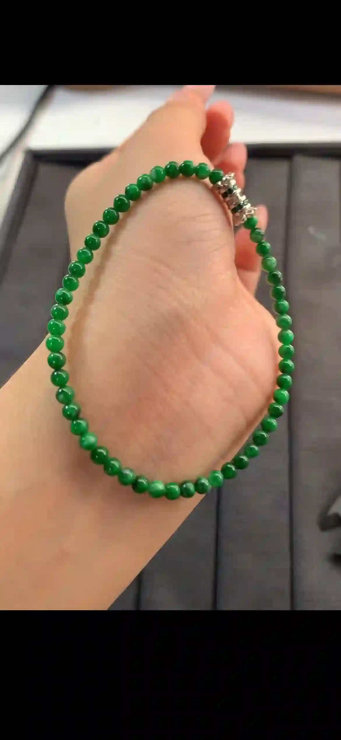 Vivid Spicy Green Jadeite Fine Bead Bracelet, view 2 | Myanmar Jadeite reference #10830001