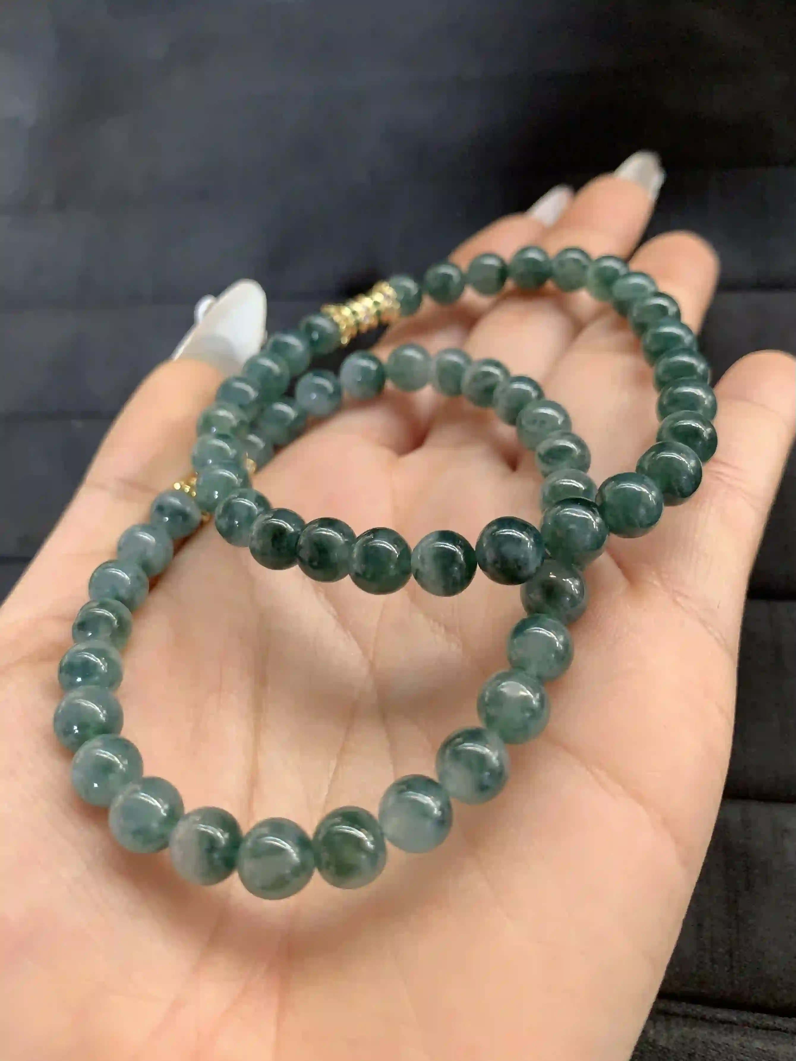 Natural Dark Green Jade Beaded Necklace with Gold Accents | Myanmar Jadeite reference #1590001