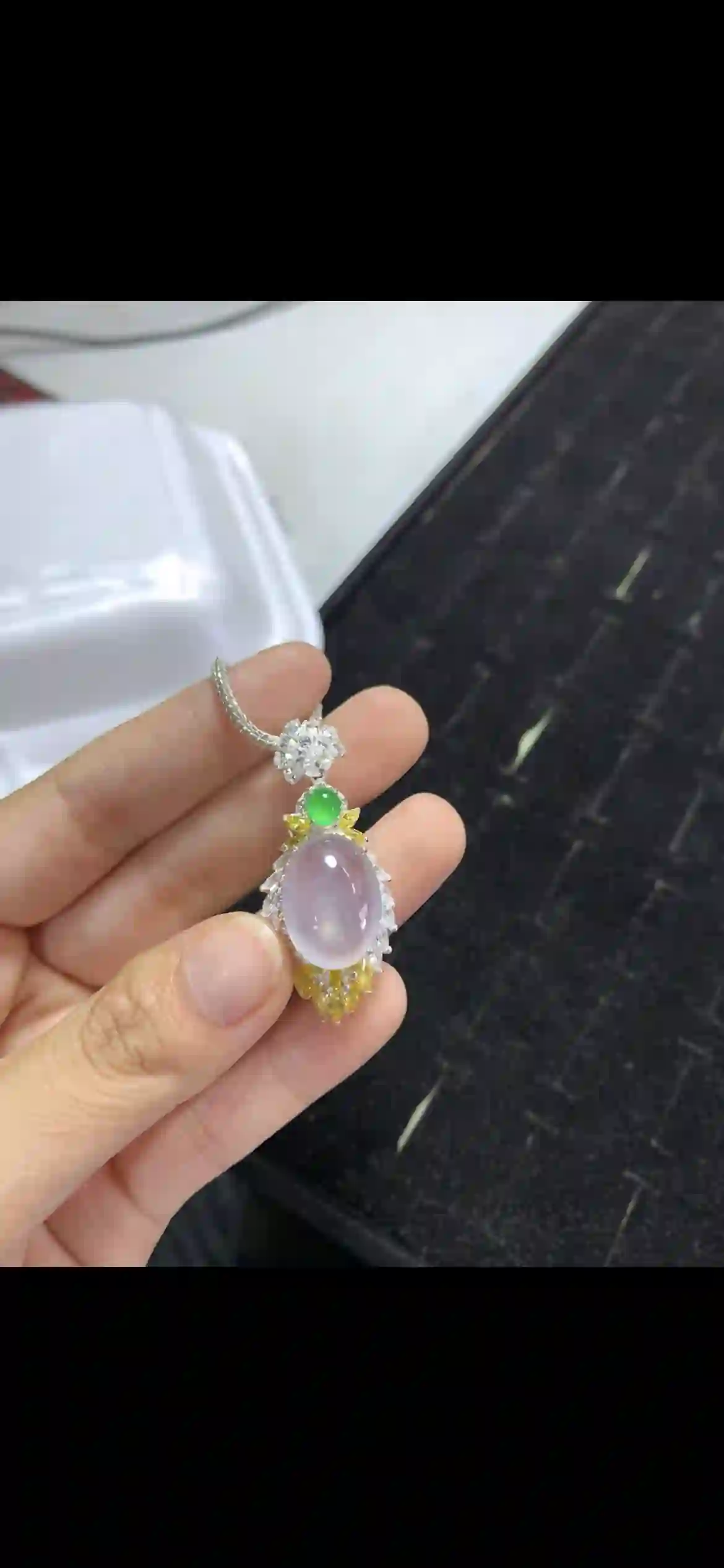 High-Icy White Jadeite Jewelry Set — Ring, Earrings & Pendant with Green Jade & Diamond Accents, view 2 | Myanmar Jadeite reference #20340002