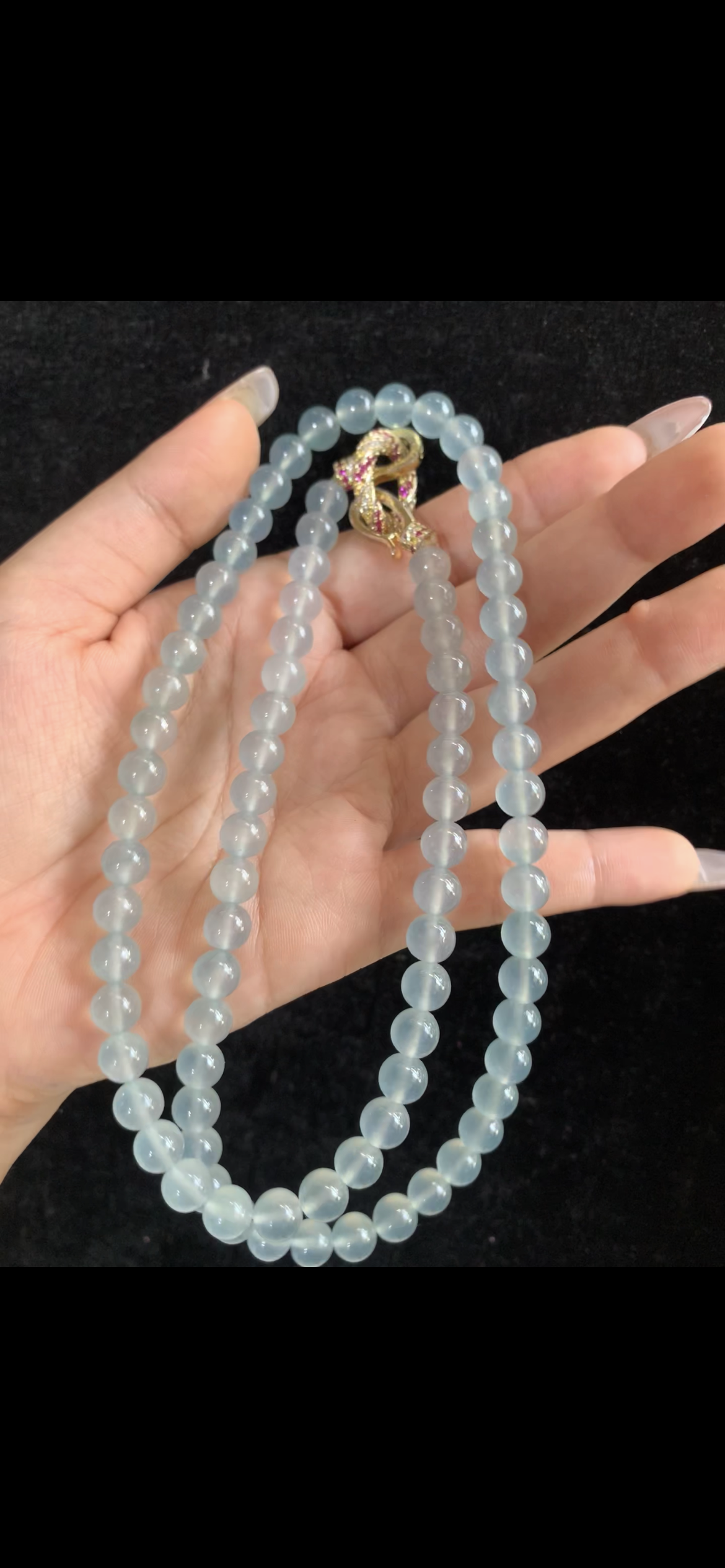 Icy Sky-Blue Jade Double-Strand Necklace with Gold & Ruby Clasp