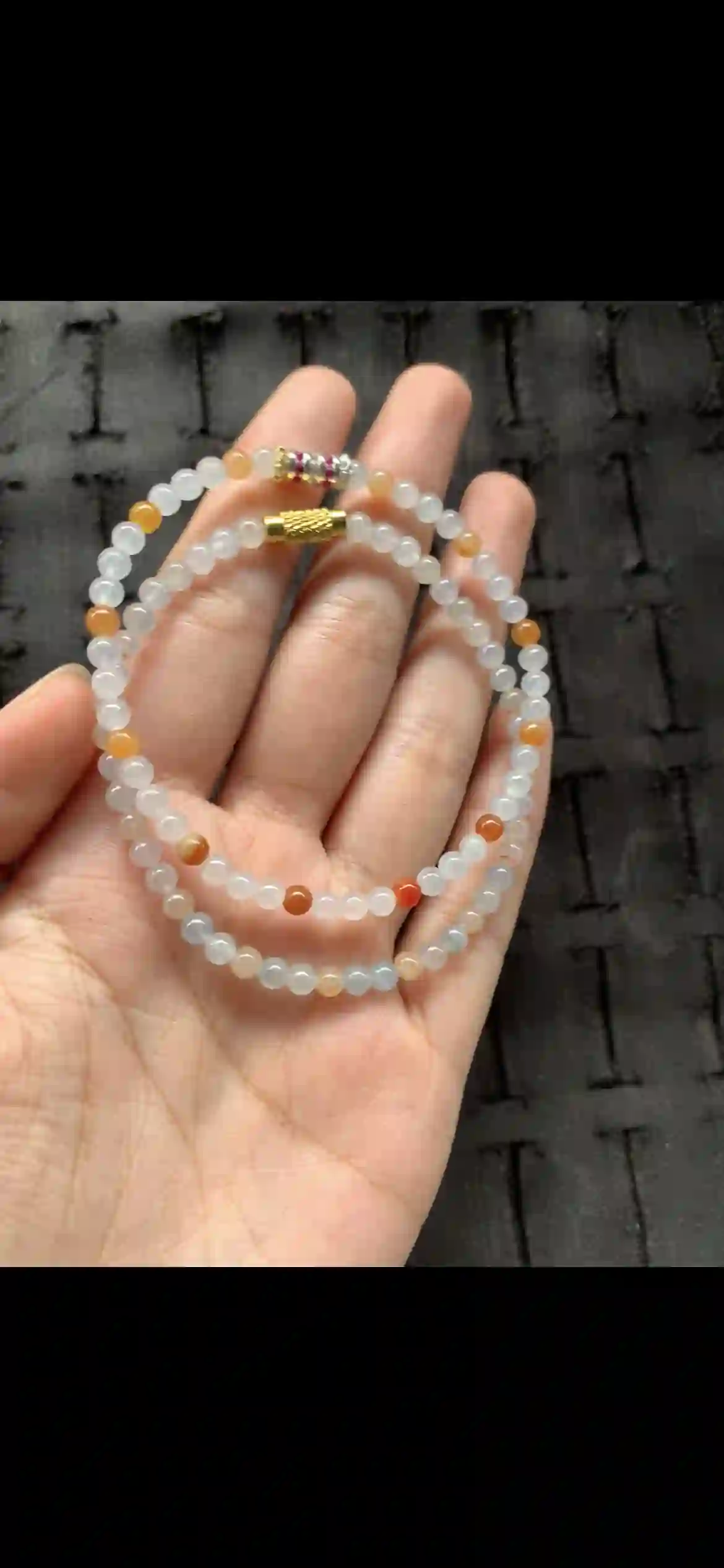 Icy White Jade Bead Bracelet with Warm Orange & Honey Accent Beads, view 2 | Myanmar Jadeite reference #21030001