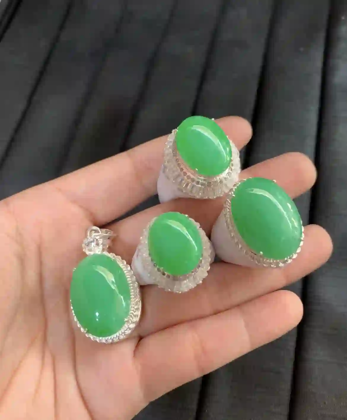 Natural Vivid Green Jade Jewelry Set with Diamond Accents, view 2 | Myanmar Jadeite reference #2550003