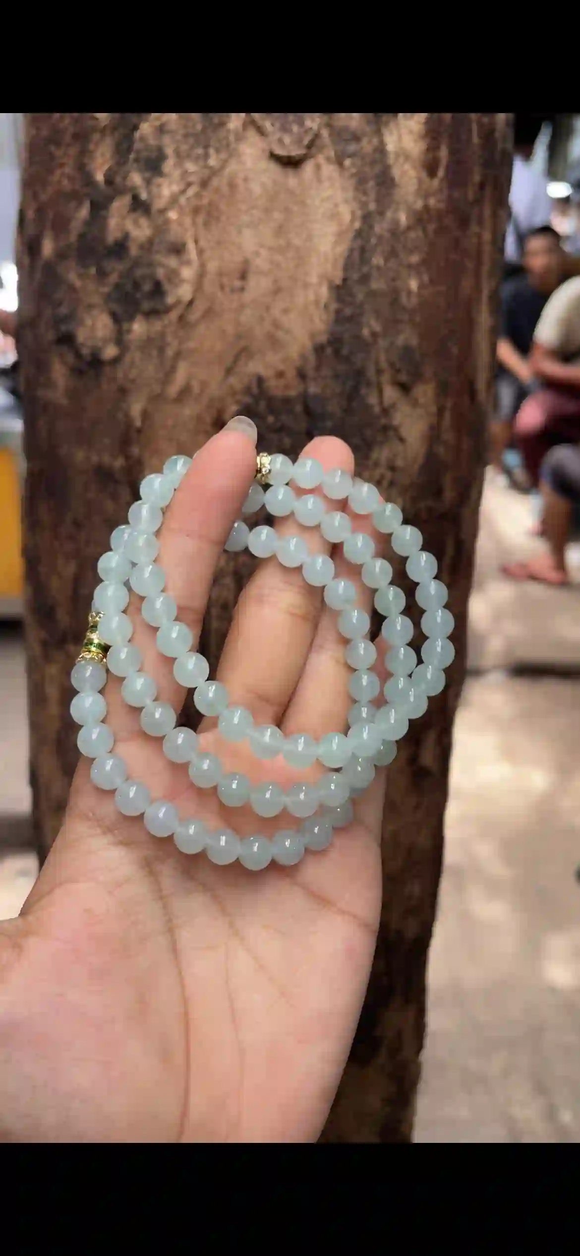   Icy Translucent Pale Blue-Green Jade Bead Necklace, Fine Round Beaded Chain with Gold Accents | Myanmar Jadeite reference #5310001