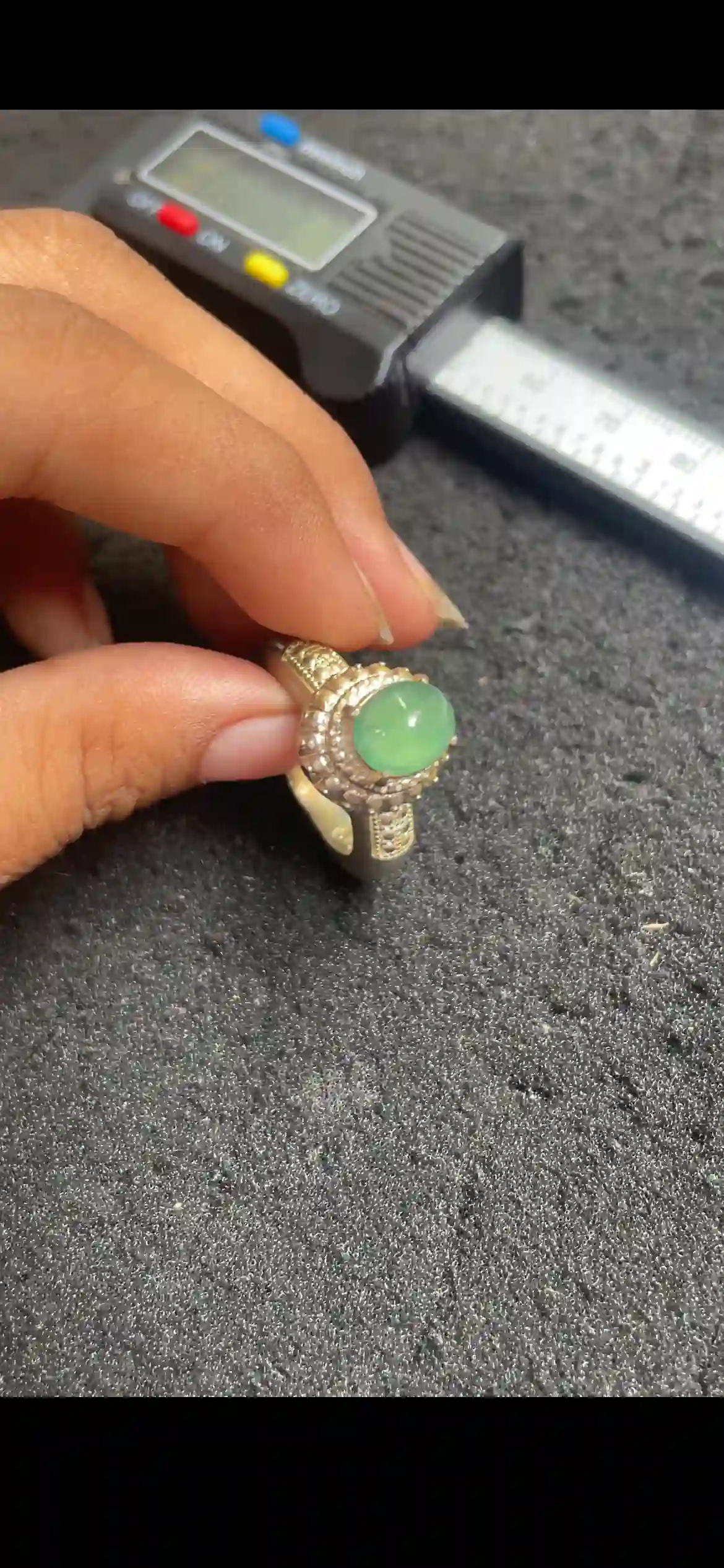   Icy Green Jadeite Solitaire Ring with Ornate Gold-Tone Setting | Myanmar Jadeite reference #4110001