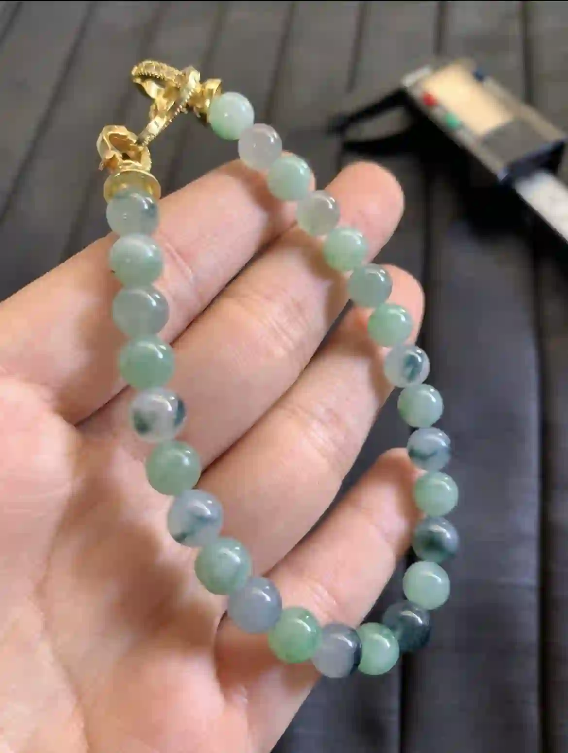   Icy Floating Flower Jade Bead Bracelet with Gold Clasp | Myanmar Jadeite reference #2880007