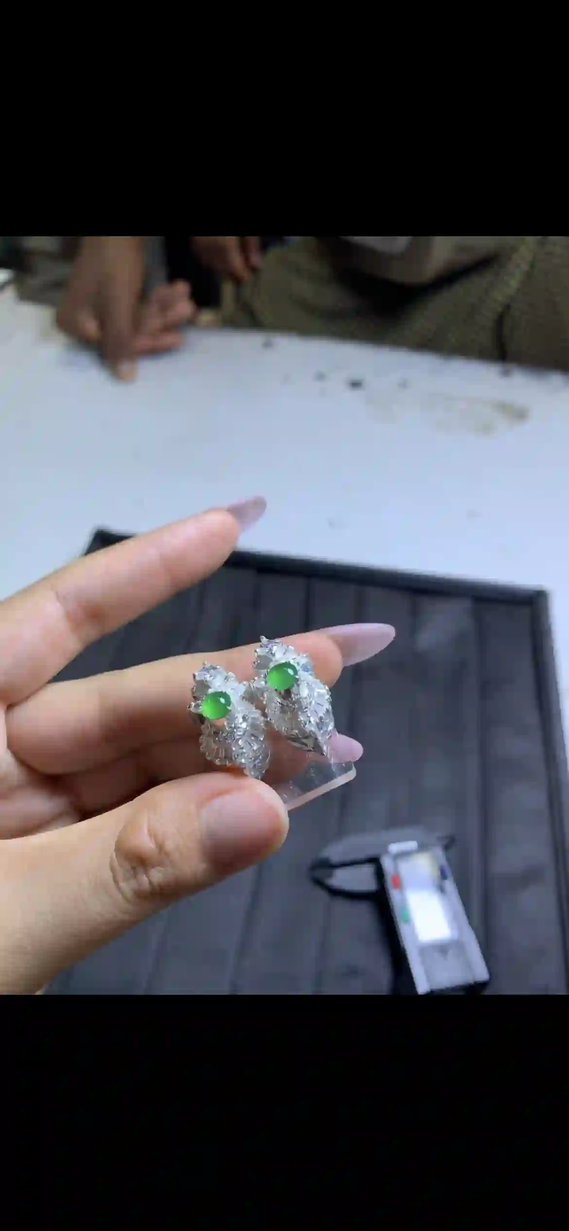 Vivid Imperial Green Jadeite Cabochon Stud Earrings, view 2 | Myanmar Jadeite reference #10980001