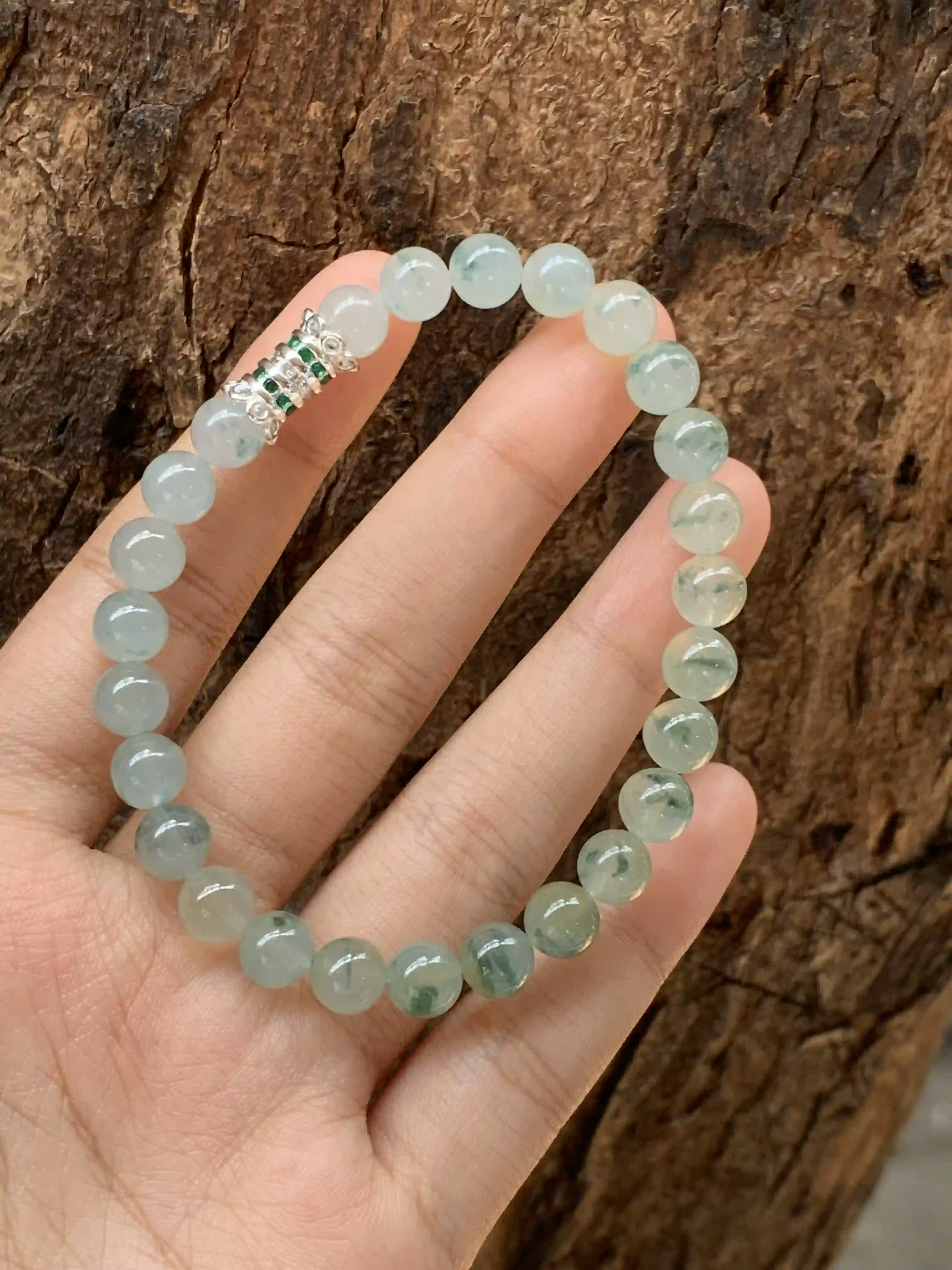 Icy Blue Water Jadeite Bead Bracelet with Floating Flowers, view 2 | Myanmar Jadeite reference #2190005