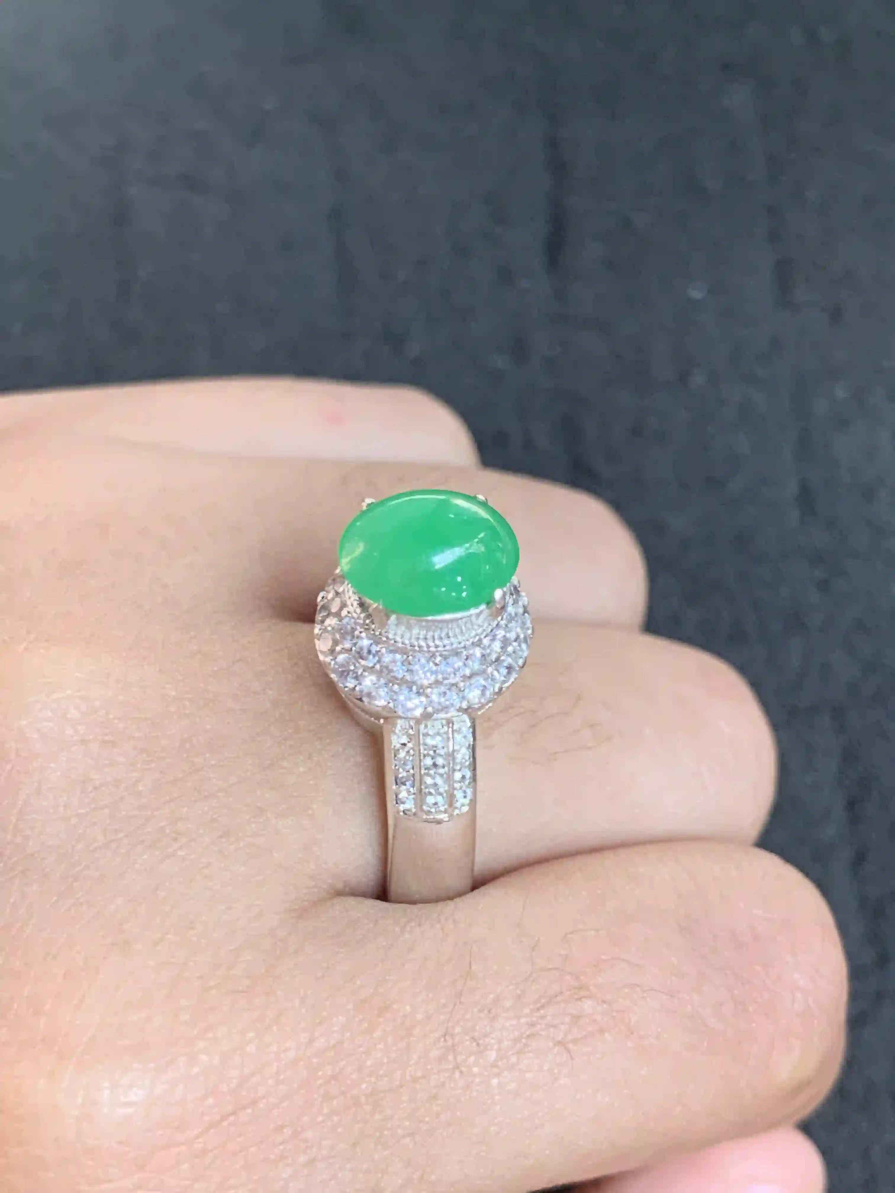 Vivid Green Gemstone Cocktail Ring with Crystal Halo | Myanmar Jadeite reference #1200001