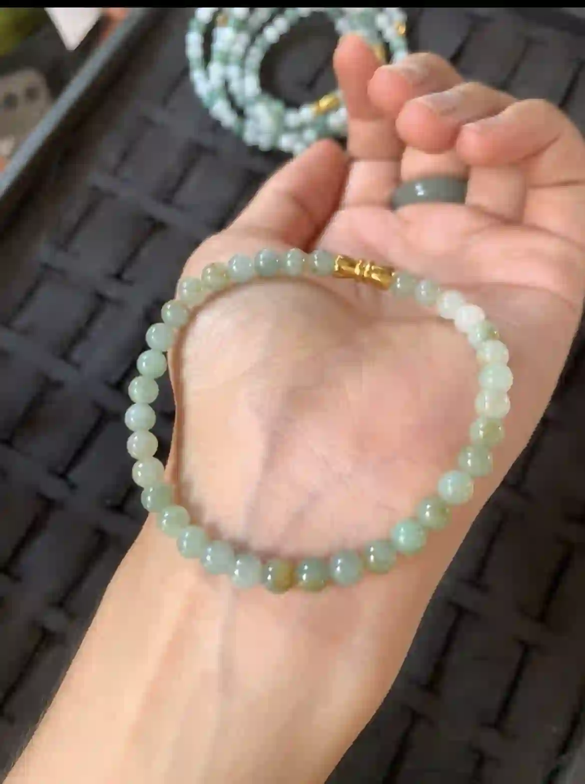 Pale Celadon Jade Beaded Bracelet with Gold Accent Bead, view 2 | Myanmar Jadeite reference #28290001