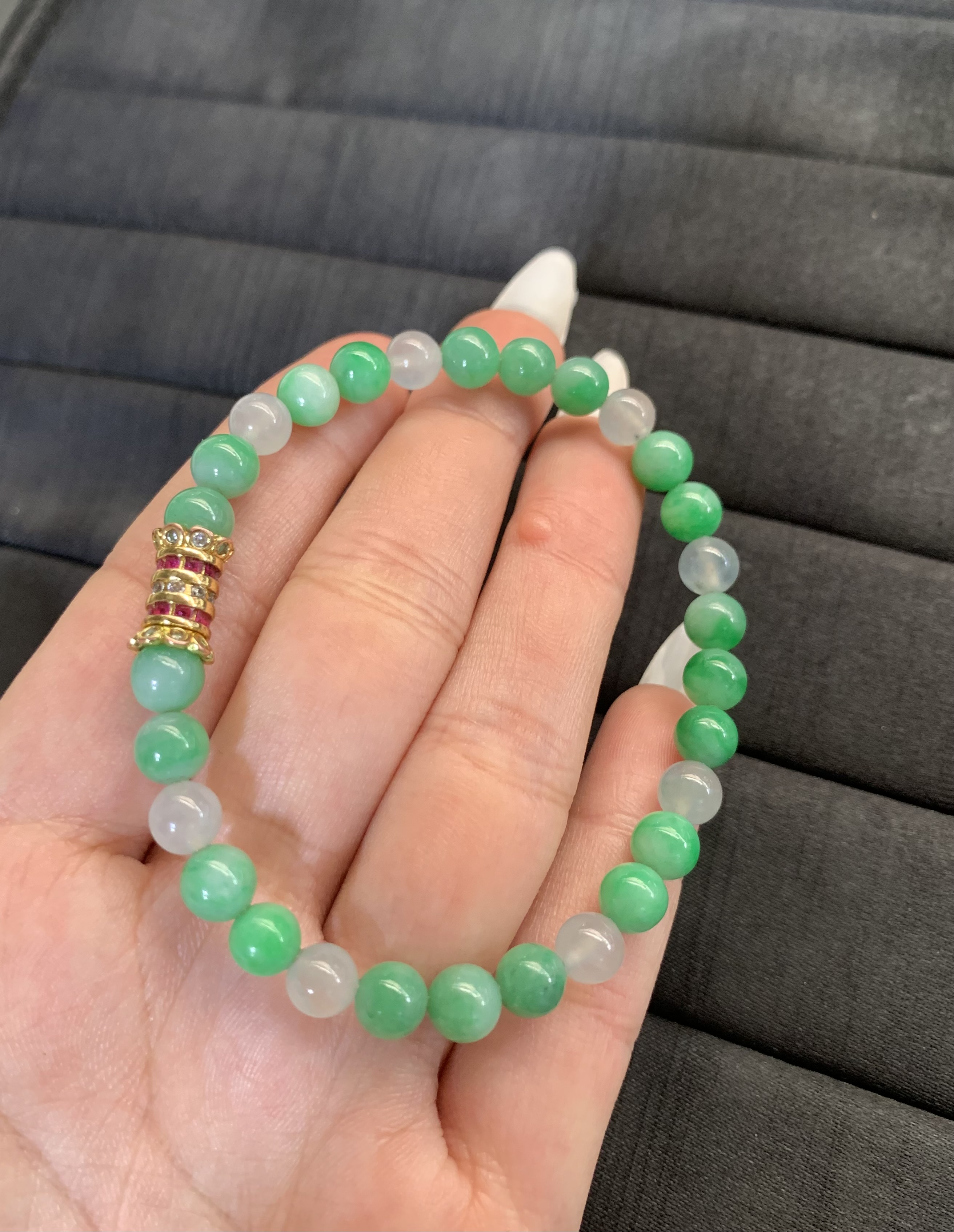 Natural Green Jade Bead Bracelet with Gold Accent