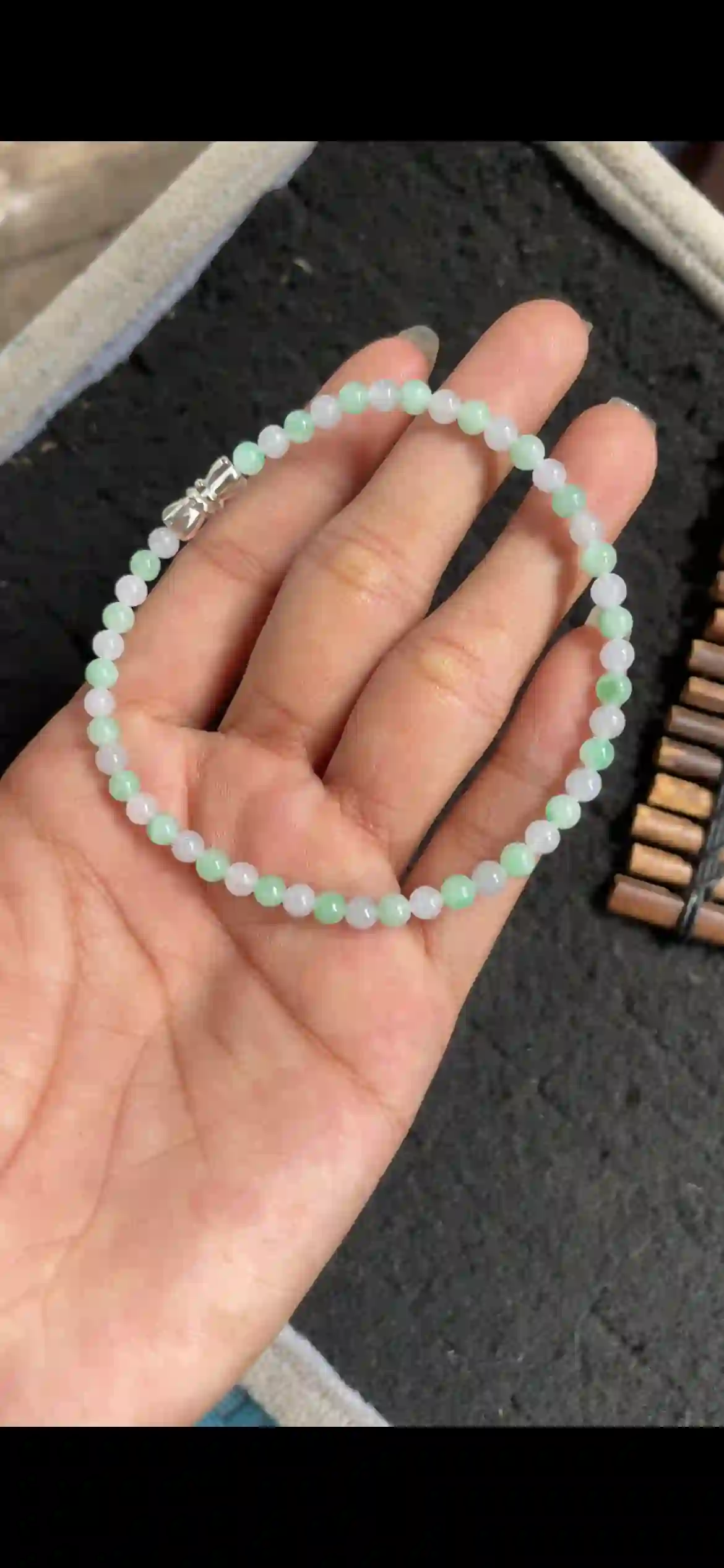 Dainty Icy Green & White Jade Bead Bracelet with Silver Bow Clasp | Myanmar Jadeite reference #5010001