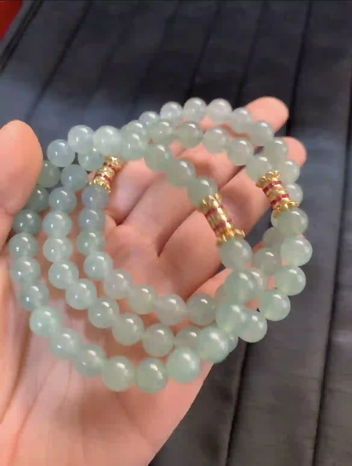 Elegant Green Jade Bead Necklace with Gold Accents, view 2 | Myanmar Jadeite reference #2640001
