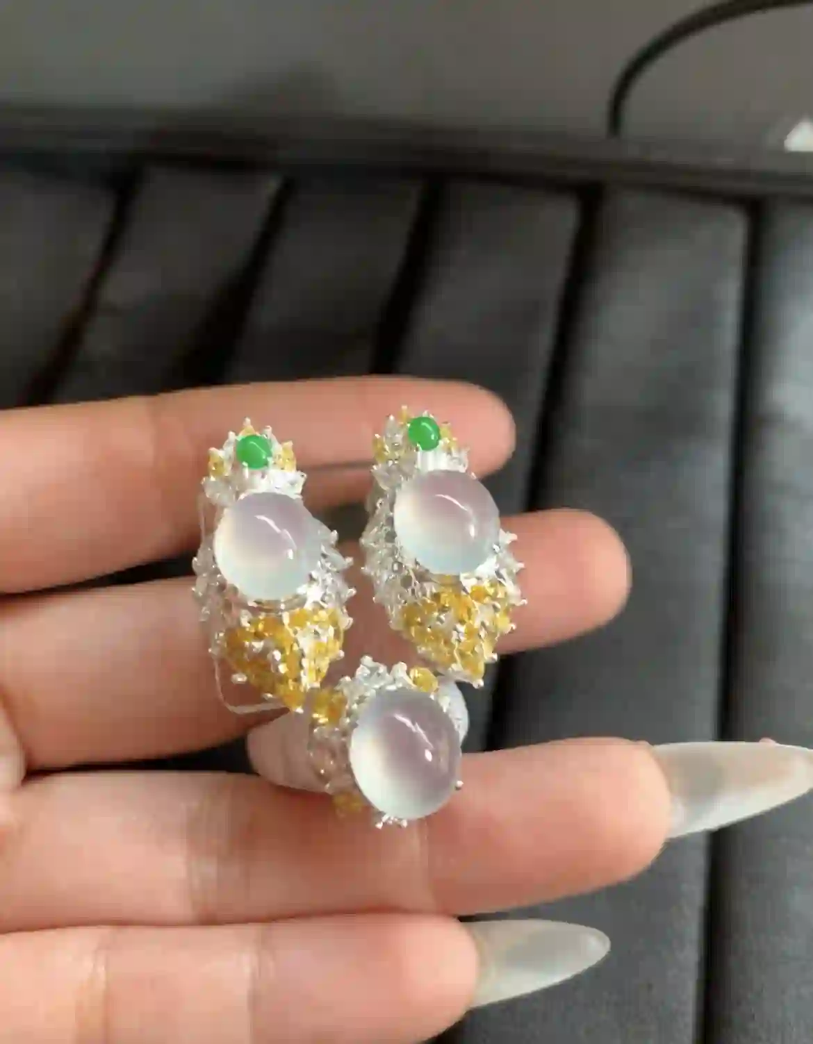 Icy White Jade with Gold and Green Accent Earrings | Myanmar Jadeite reference #2010001