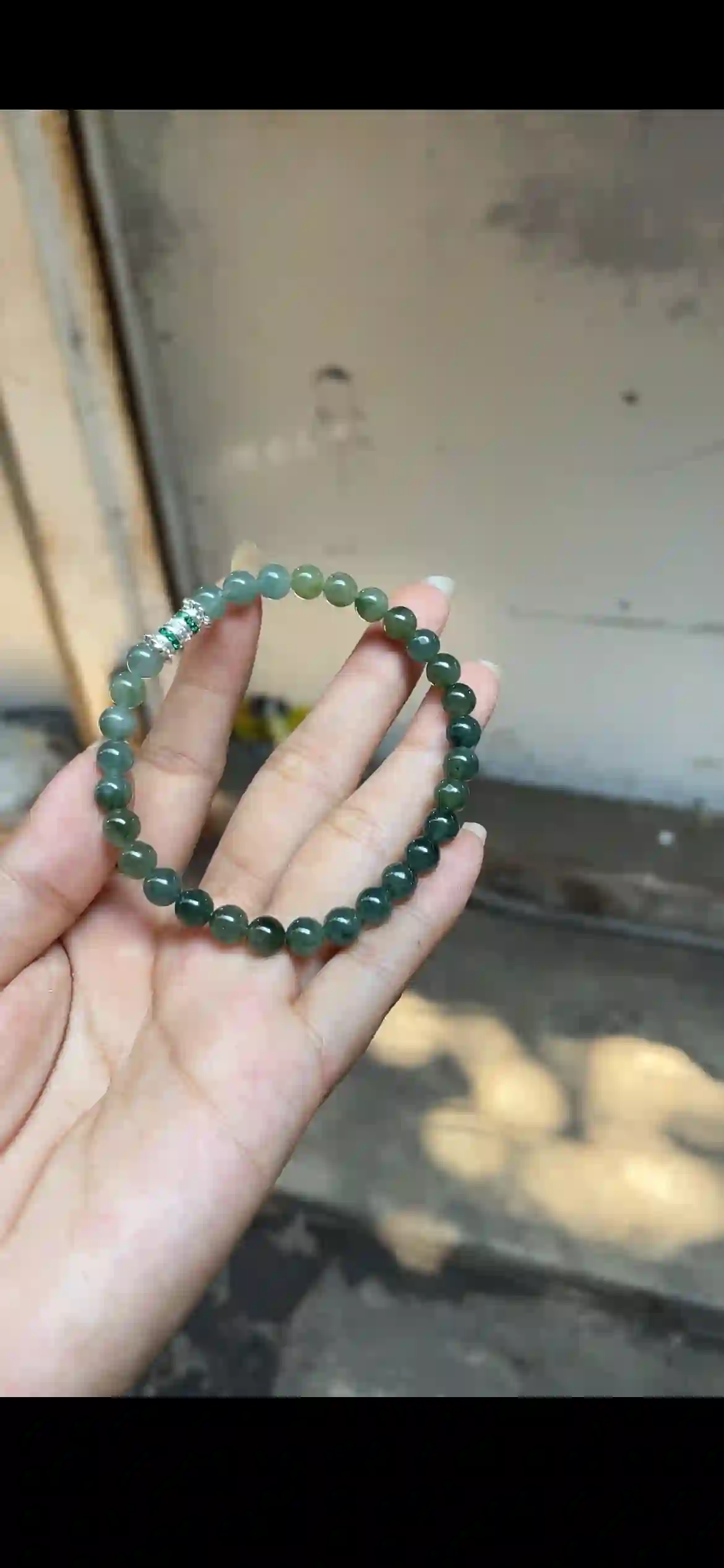Gradient Deep Green Jade Beaded Bracelet — Silver & Emerald Accent Spacer, view 2 | Myanmar Jadeite reference #29280001