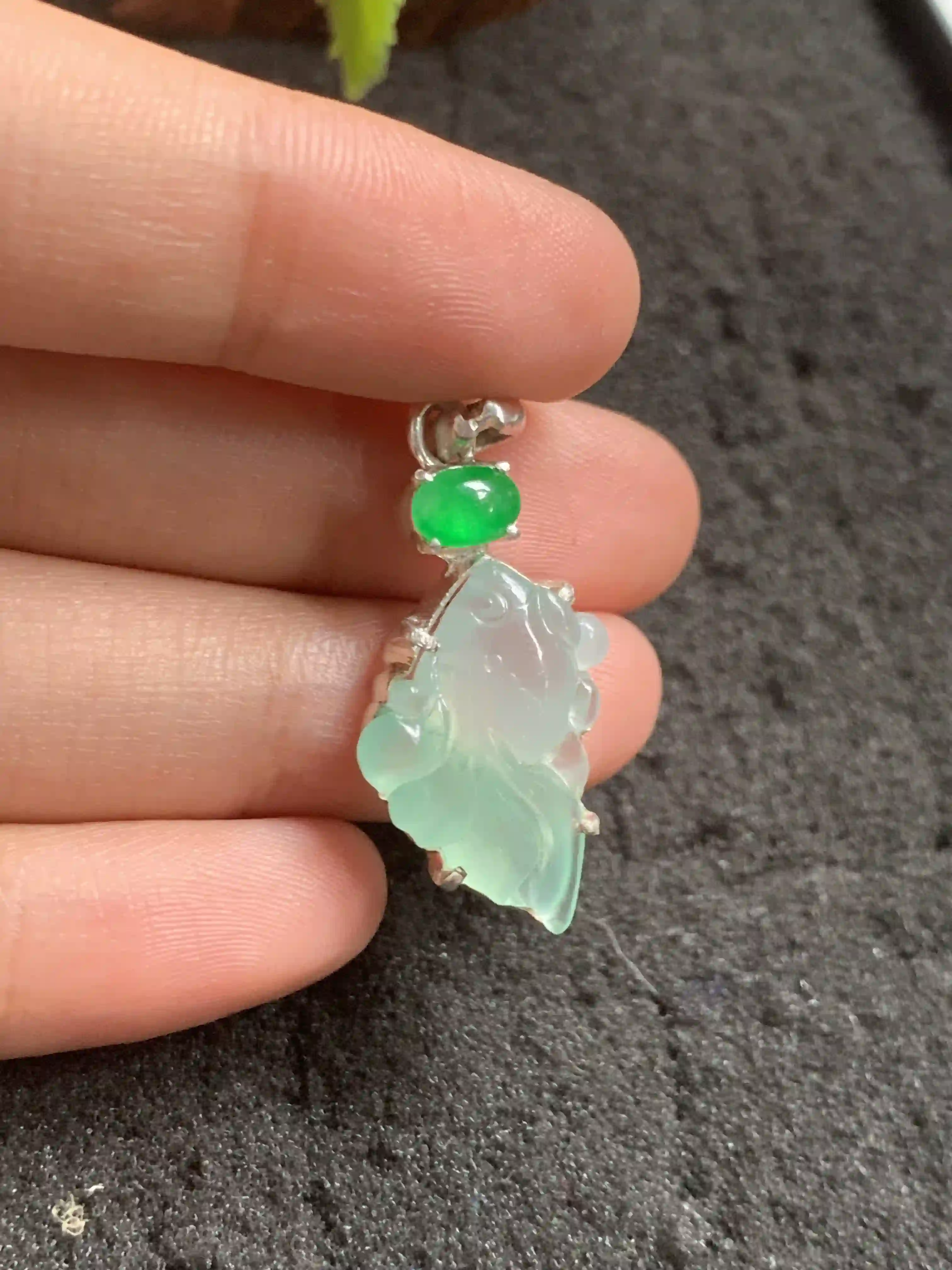 Translucent Green Jadeite Goldfish Pendant with Emerald Accent | Myanmar Jadeite reference #150001