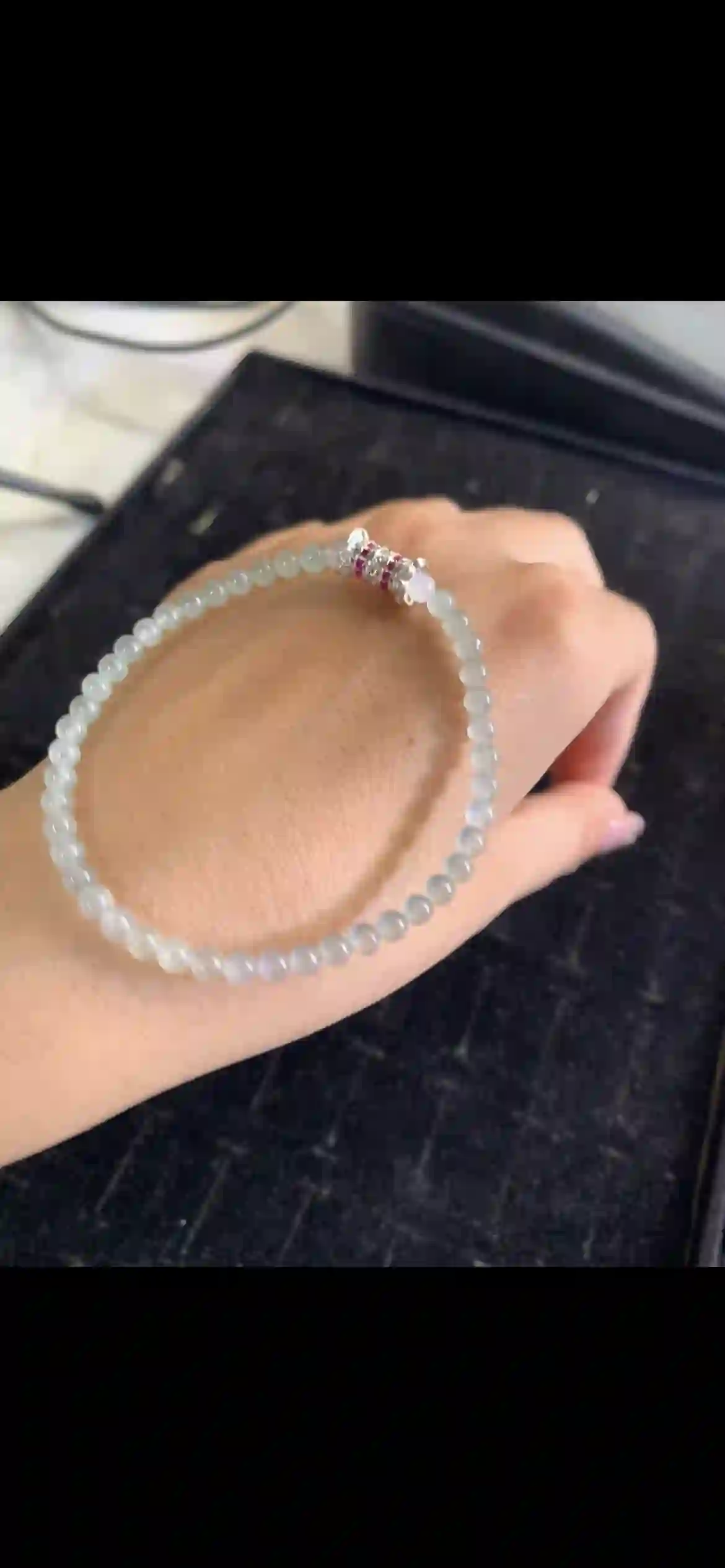 Delicate Icy Pale Jadeite Mini‑Bead Bracelet with Sparkling Accent | Myanmar Jadeite reference #24810001