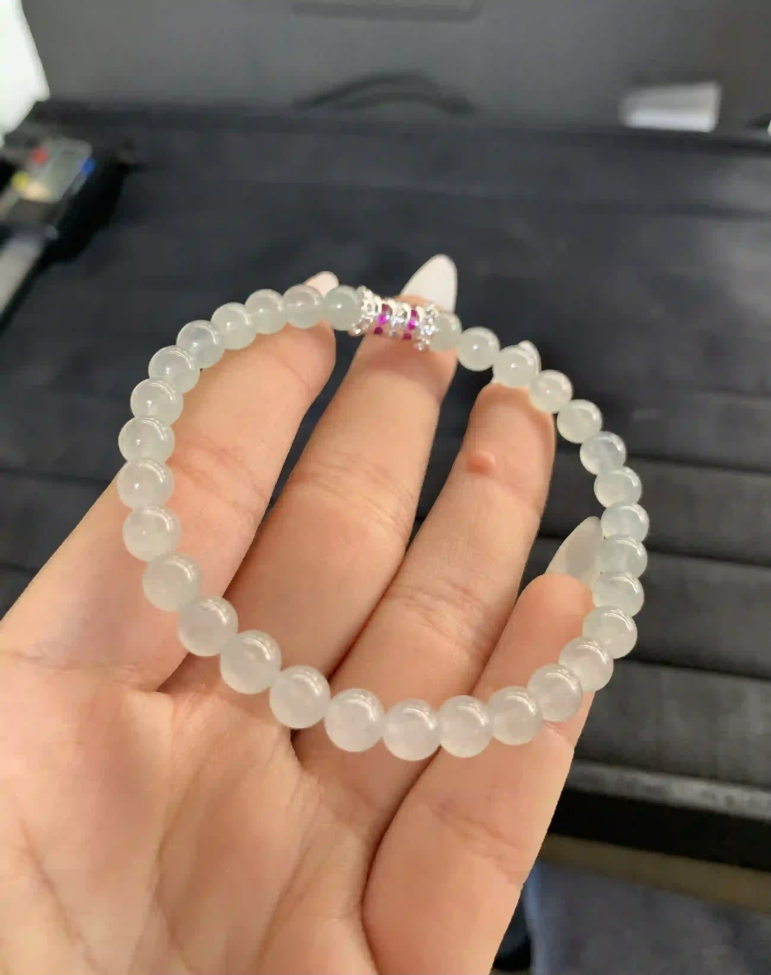 Elegant Translucent Light Green Bead Bracelet with Accent Clasp, view 2 | Myanmar Jadeite reference #1620005