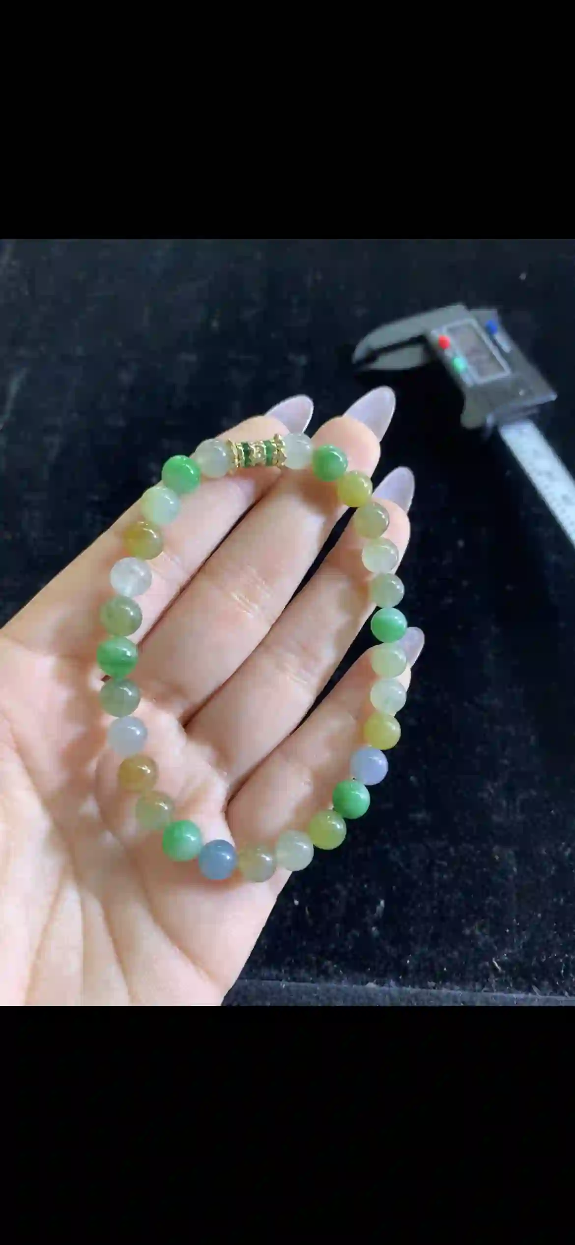 Multicolor Jade Beaded Bracelet — Gold & Green Crystal Accent, view 2 | Myanmar Jadeite reference #28200001