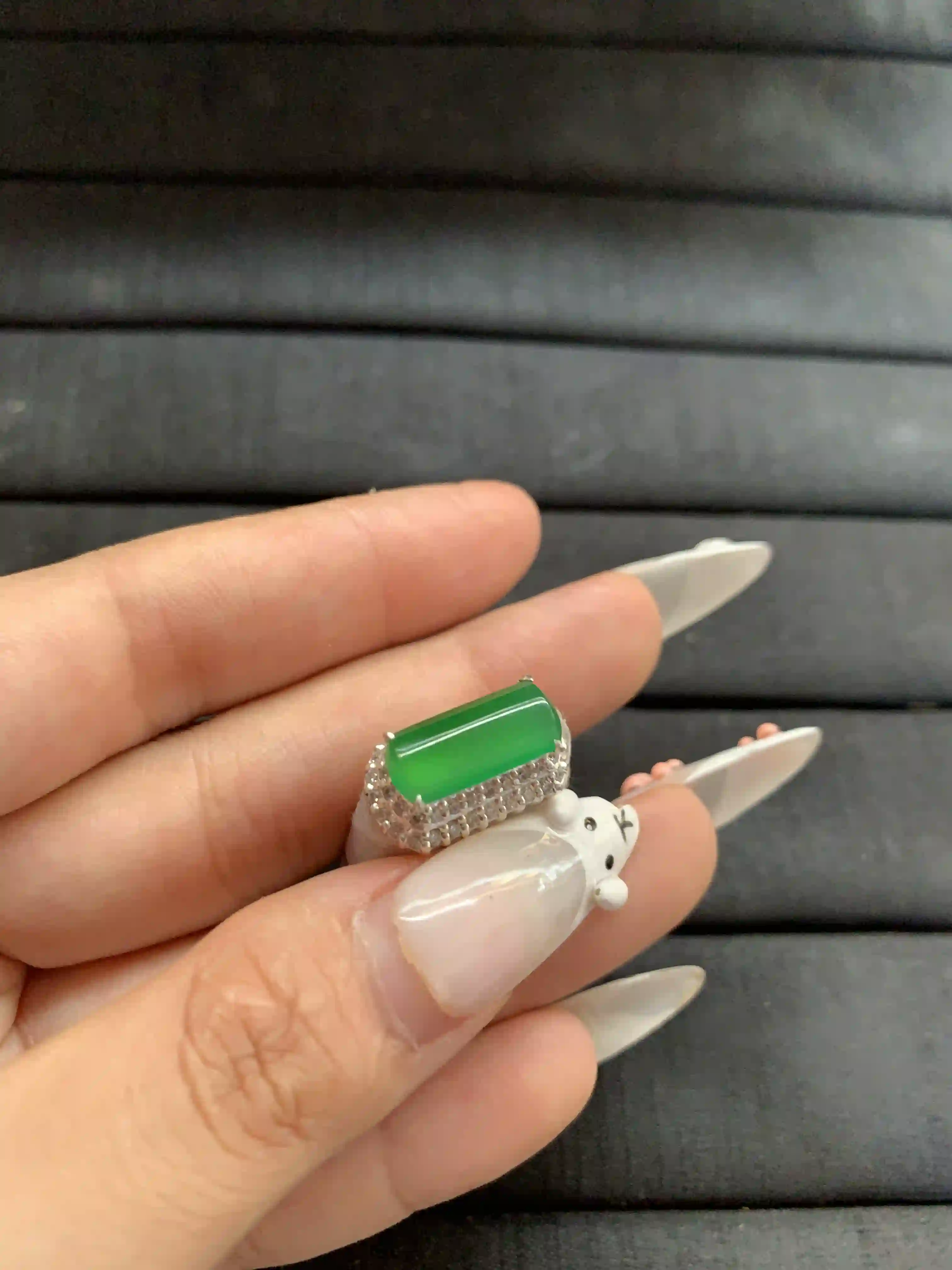   Natural Vivid Green Jade Baguette Silver Ring | Myanmar Jadeite reference #1770002