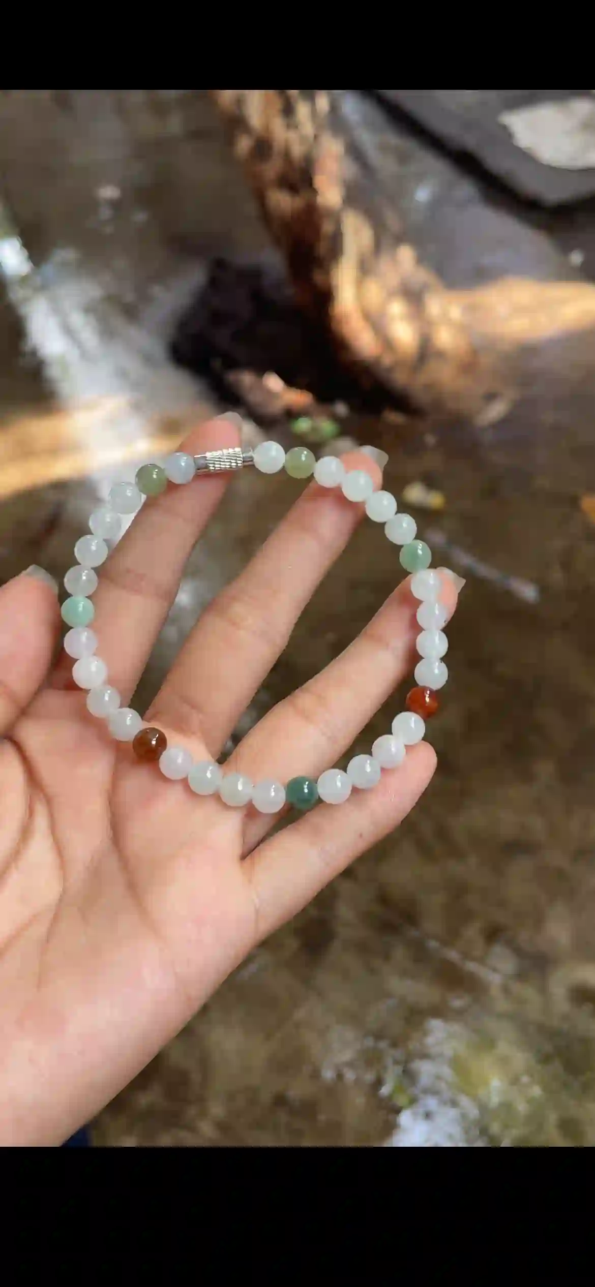 Multicolor Natural Jadeite Beaded Bracelet — Icy White, Green & Red-Brown Jade Beads with Silver Clasp | Myanmar Jadeite reference #29880001
