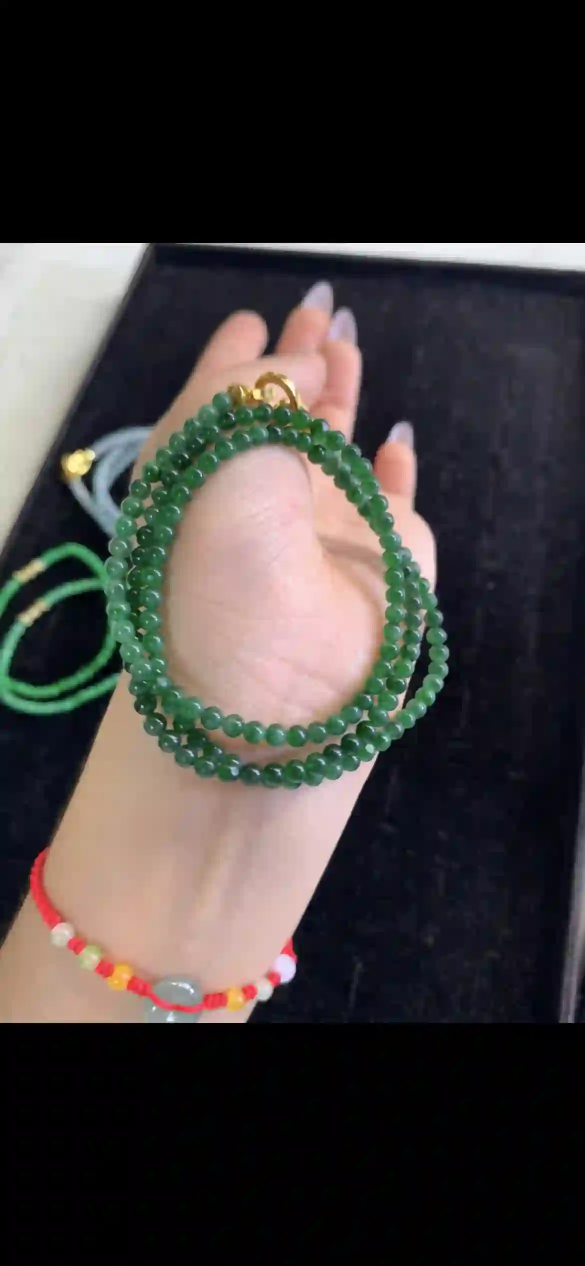 Fine Deep Green Jadeite Bead Necklace with Gold Clasp, view 2 | Myanmar Jadeite reference #22110001