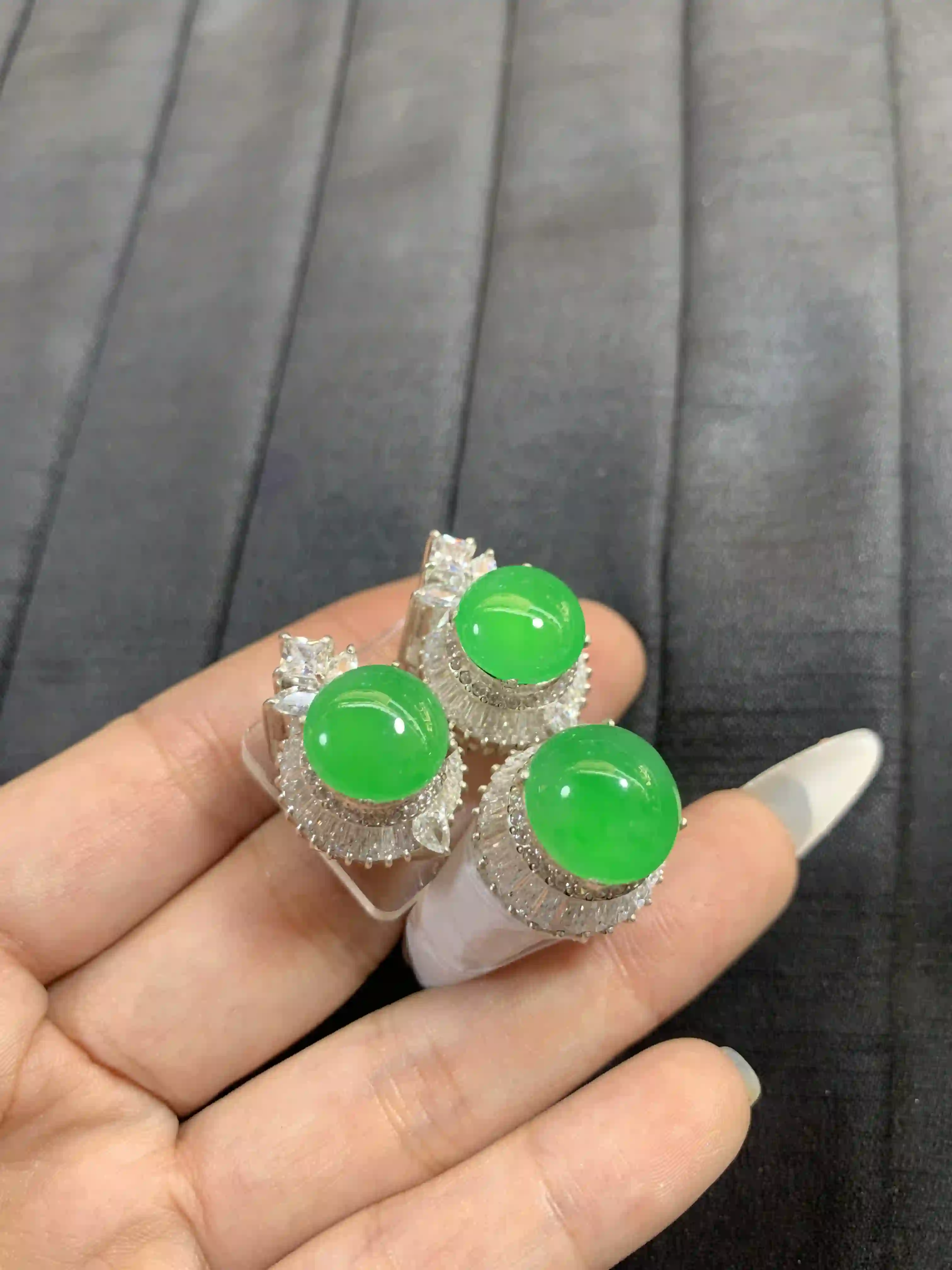 Imperial Green Jade Cabochon Rings with Diamond Accents | Myanmar Jadeite reference #2220009