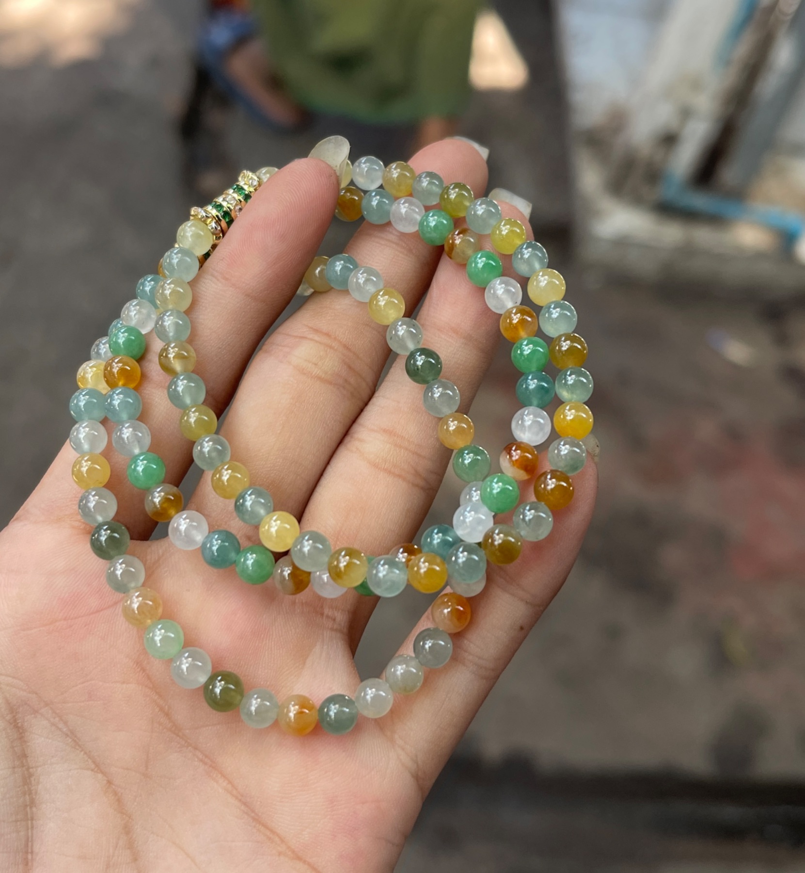 Natural Ice Variety Tricolor Multicolor Jadeite Small Bead Long Strand Necklace / Multi-Wrap Layered Bracelet with Gold Gemstone Clasp Accent | Myanmar Jadeite reference #38940008