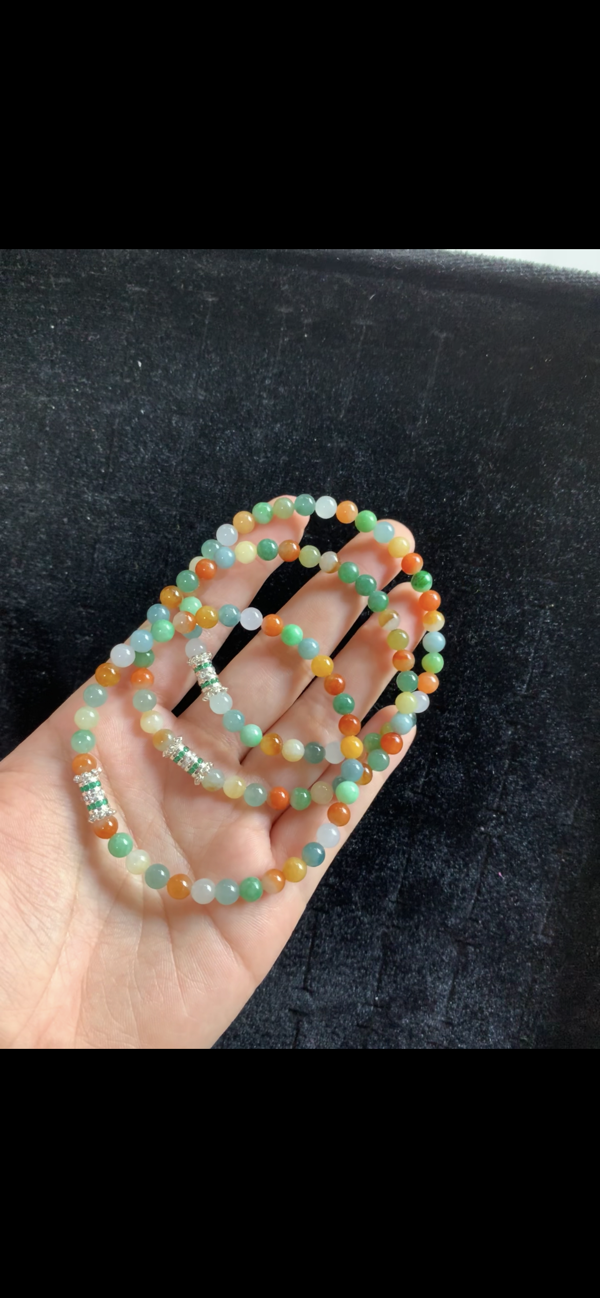 Rainbow Multi-Hue Jade Long Beaded Strand — Icy White, Verdant Green & Golden Amber