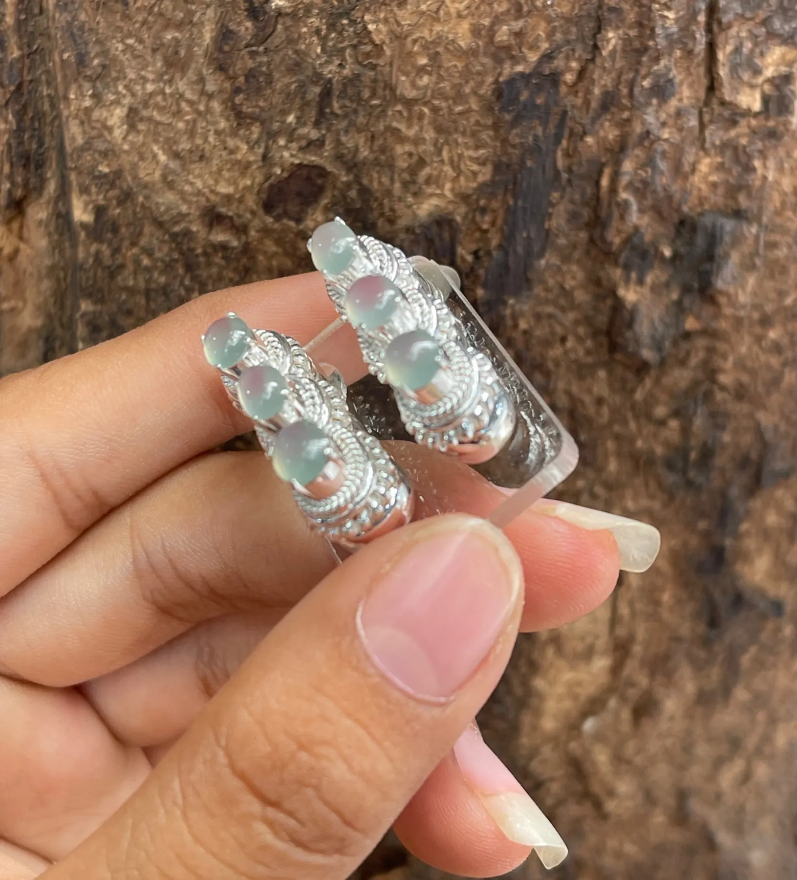 Natural High-Translucency Glassy/Ice Variety Mint-Green & Lavender Jadeite Multi-Cabochon Silver Hoop Earrings Pair | Myanmar Jadeite reference #39240001