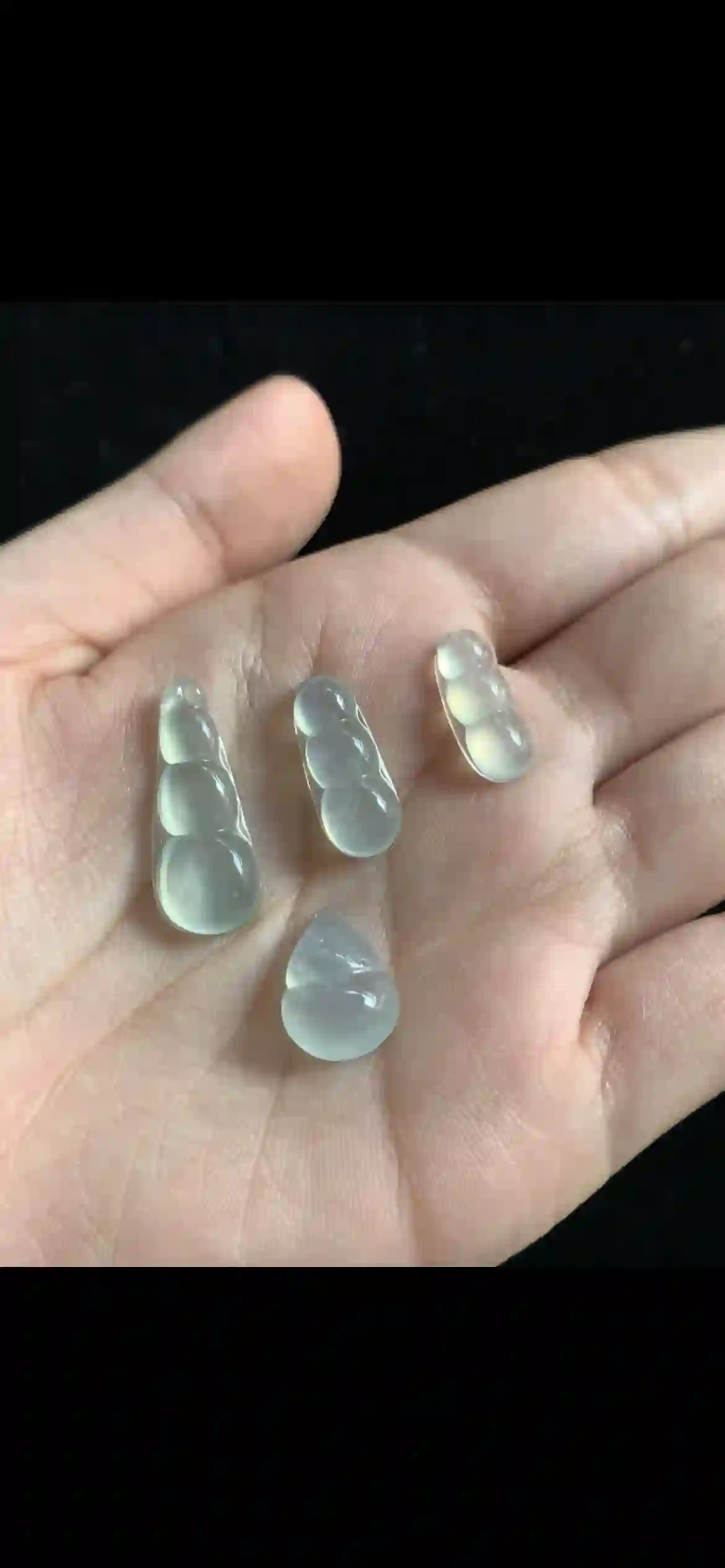 Collection of Icy Translucent Jade Carvings — Pea Pods & Gourd Pendant Set | Myanmar Jadeite reference #36510001