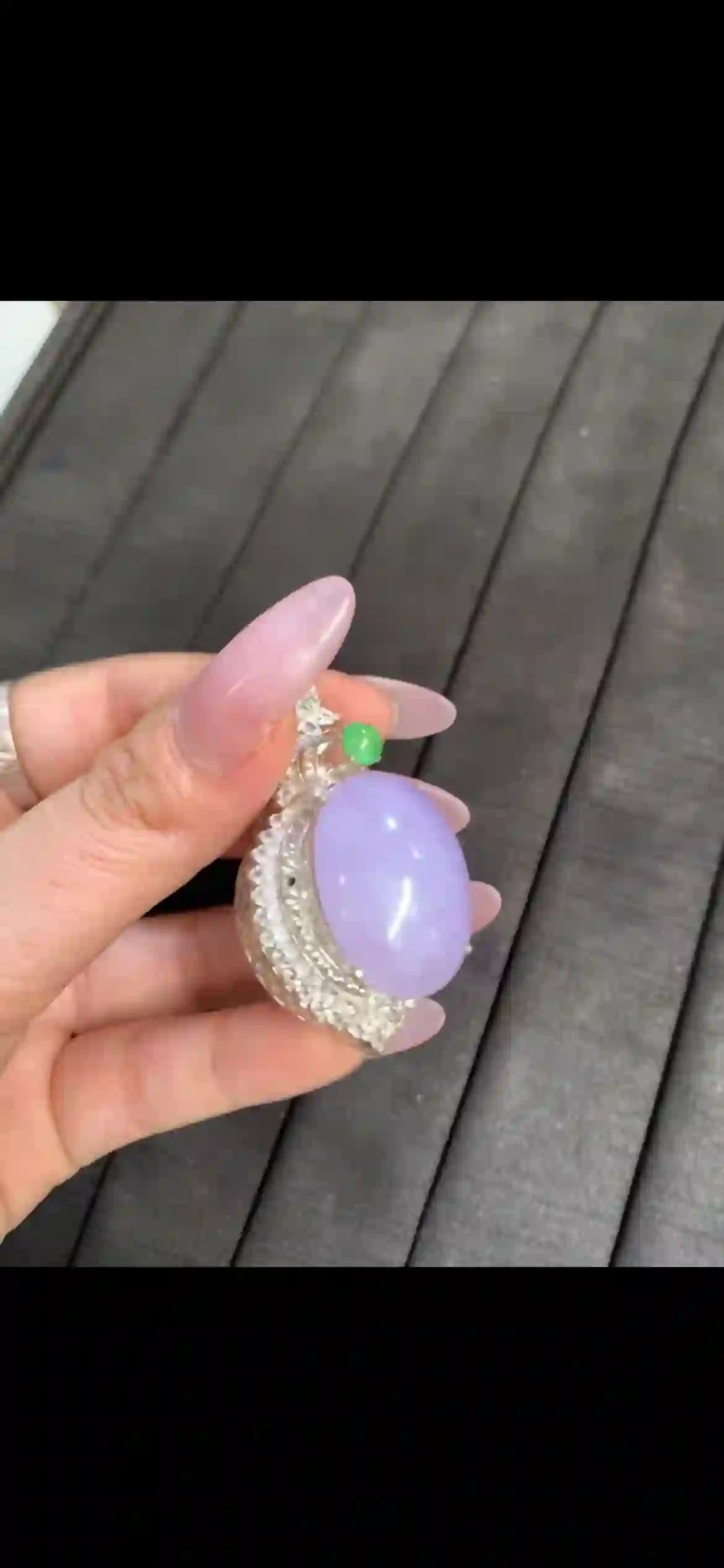  Lavender Jadeite Cabochon Pendant with Bright Green Accent and Diamond Halo | Myanmar Jadeite reference #9540003