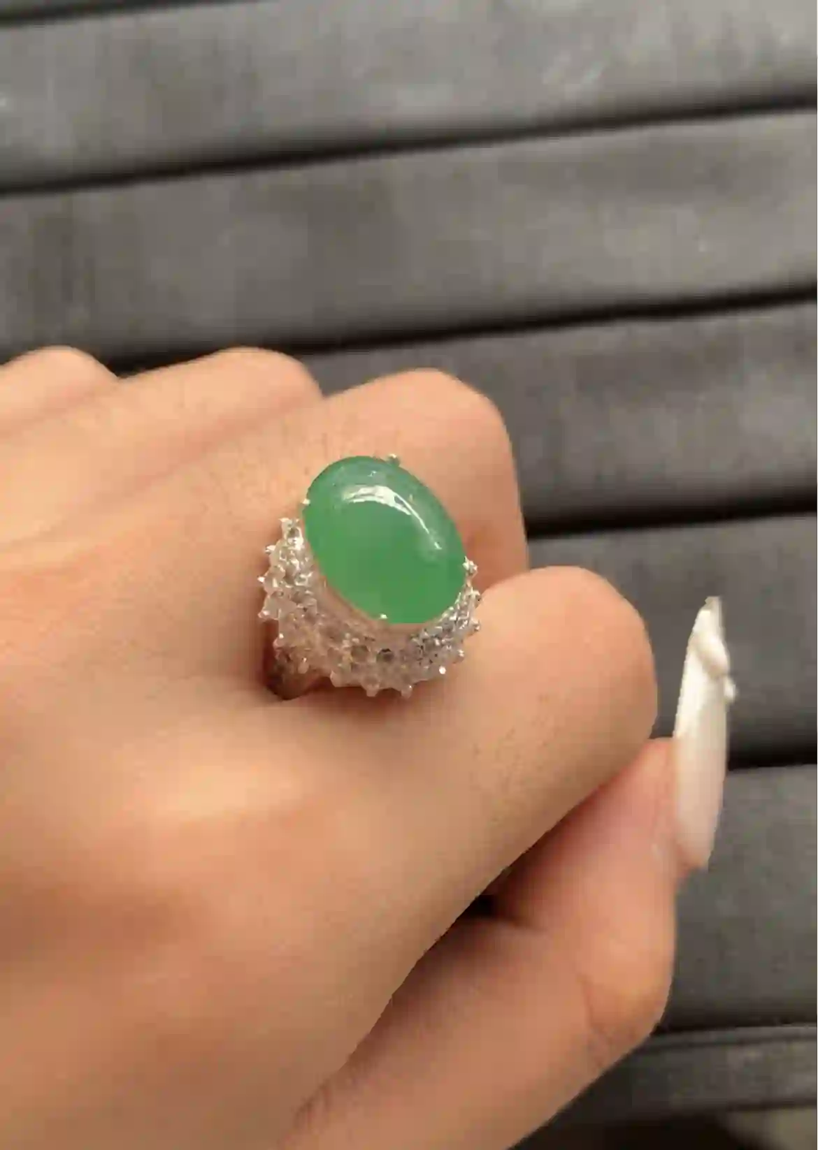  Natural Vivid Green Jade Textured Silver Ring, view 2 | Myanmar Jadeite reference #1770008