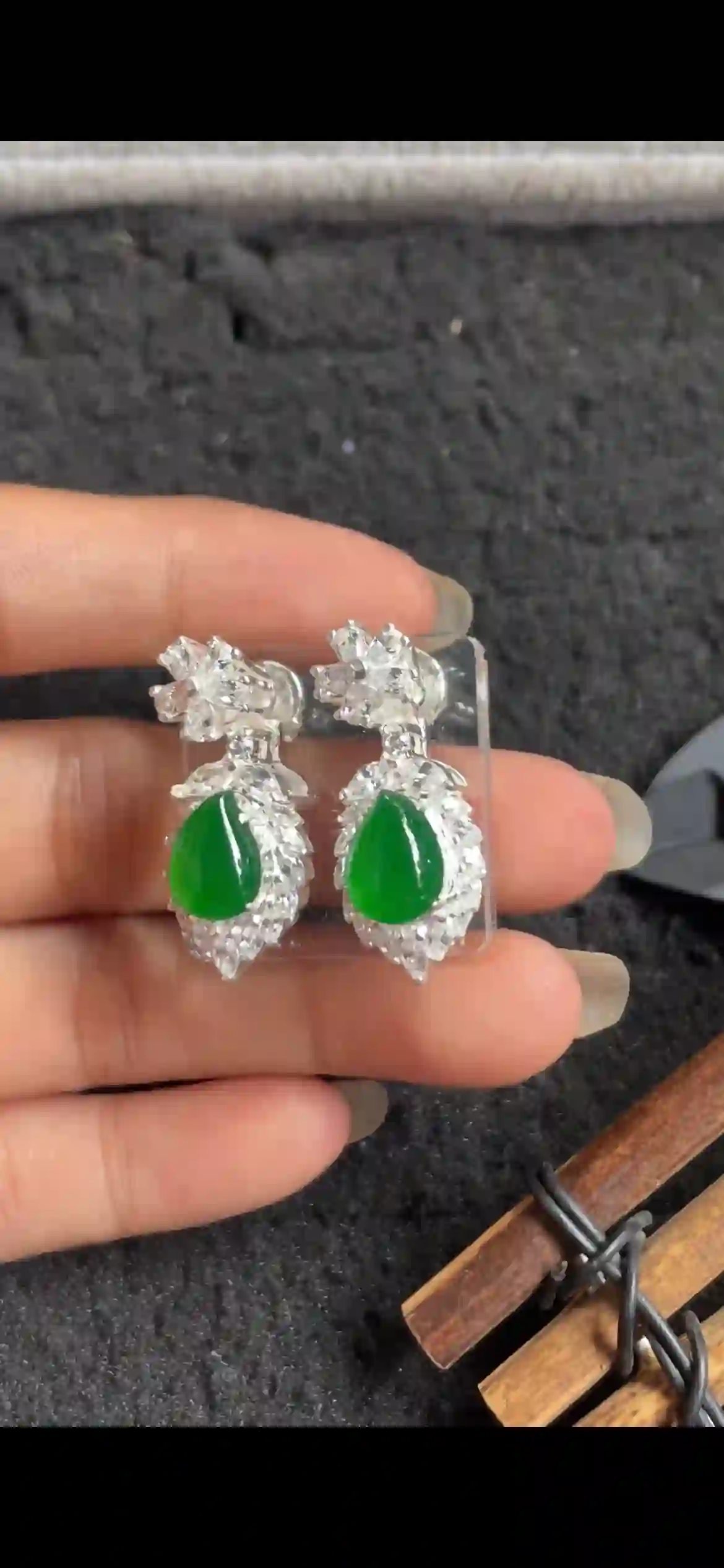   Vivid Emerald Green Jade Teardrop Earrings with Diamond Halo & Floral Tops, view 2 | Myanmar Jadeite reference #5700001