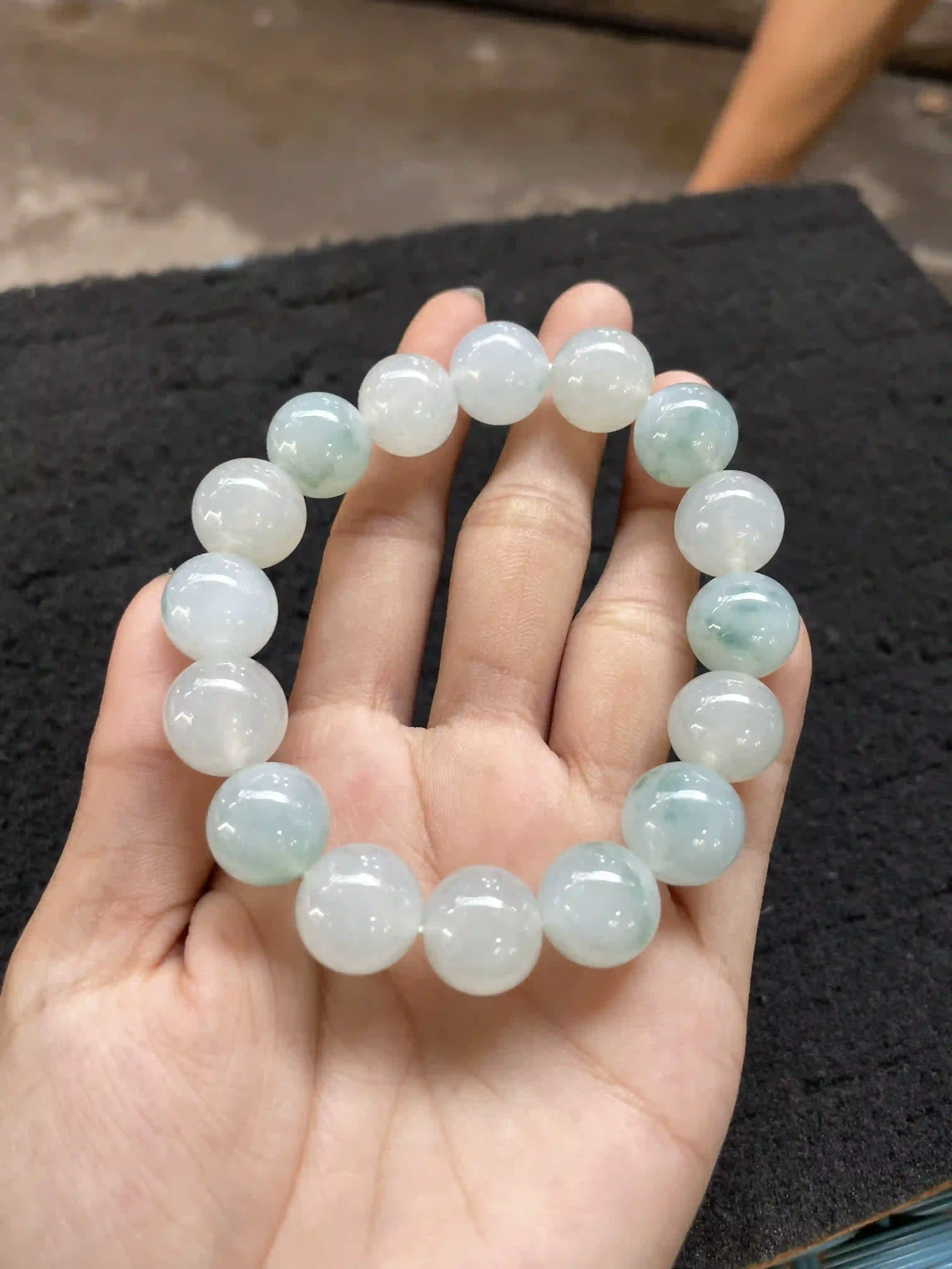 White and Light Green Jadeite Beaded Bracelet, view 2 | Myanmar Jadeite reference #1290005