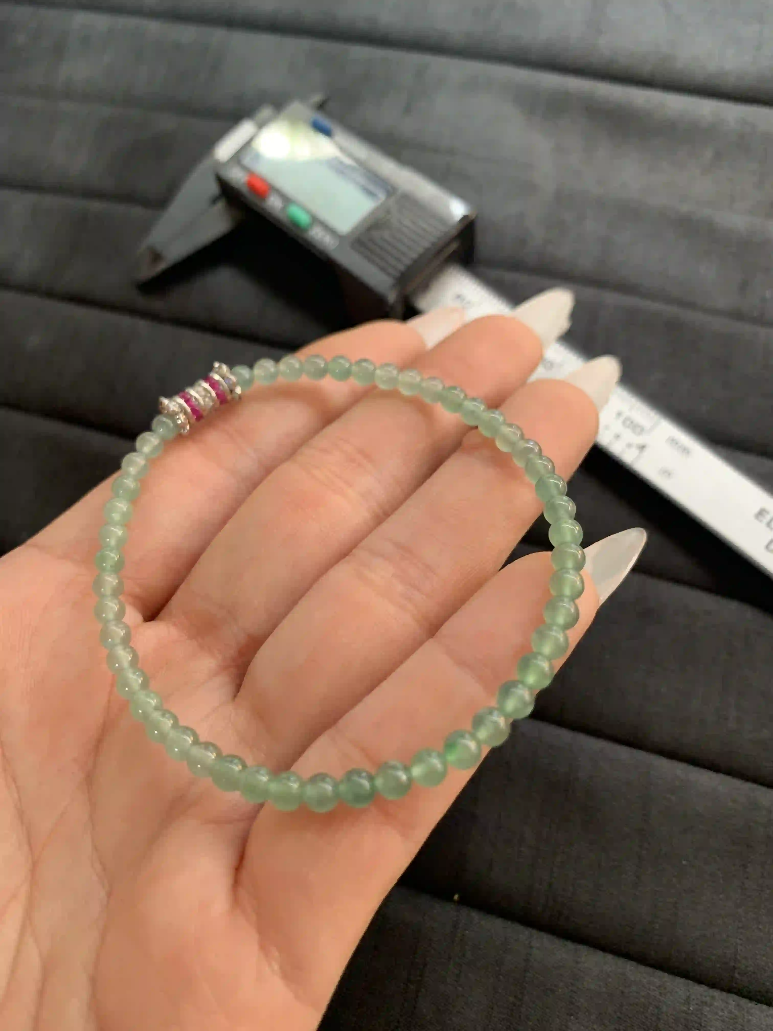  Delicate Light Green Jade Beaded Bracelet with Embellished Clasp, view 2 | Myanmar Jadeite reference #1260008