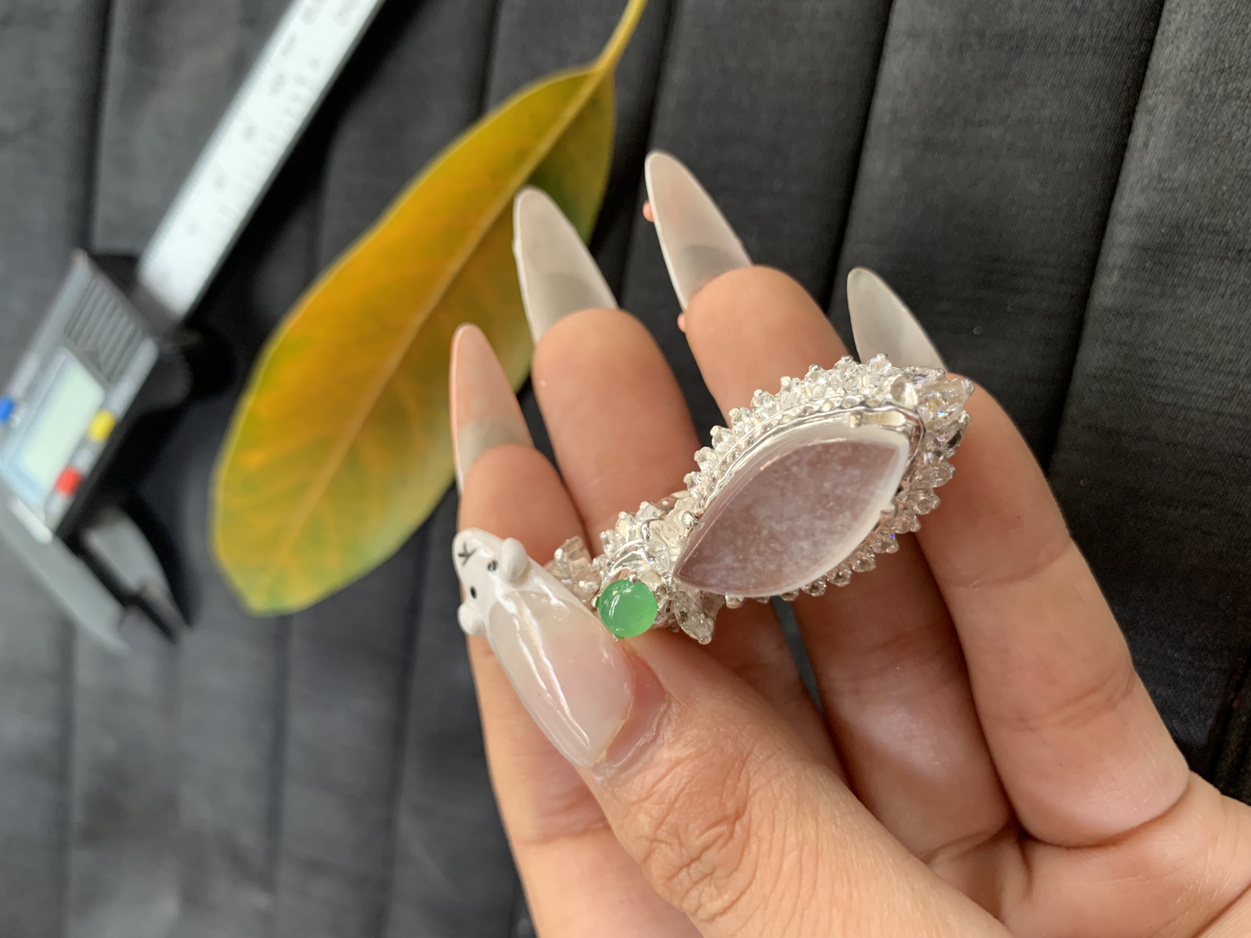 Marquise-Shaped Lavender Jadeite Ring with Green Accent and Clear Stone Border - Burmese Jadeite from Myanmar