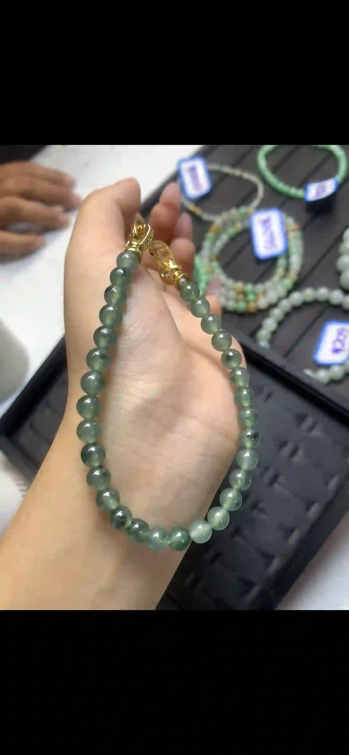 Icy Dark Green Floating Jadeite Bead Bracelet, view 2 | Myanmar Jadeite reference #13620001