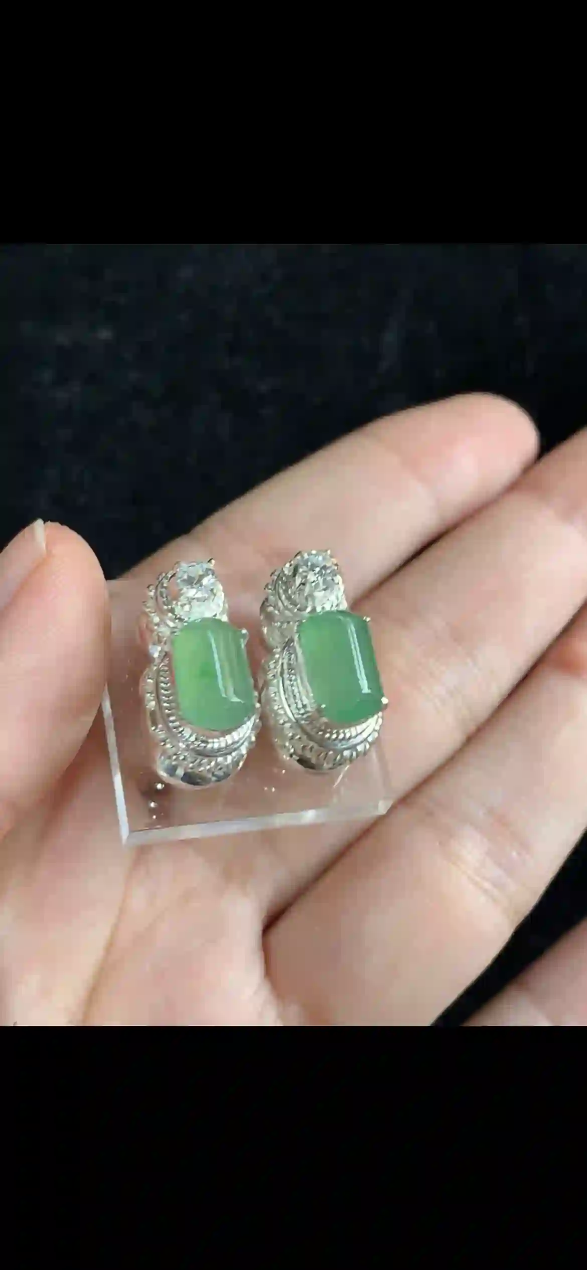 Vivid Apple Green Jade Cabochon Earrings with Brilliant Diamond Halo | Myanmar Jadeite reference #36870001