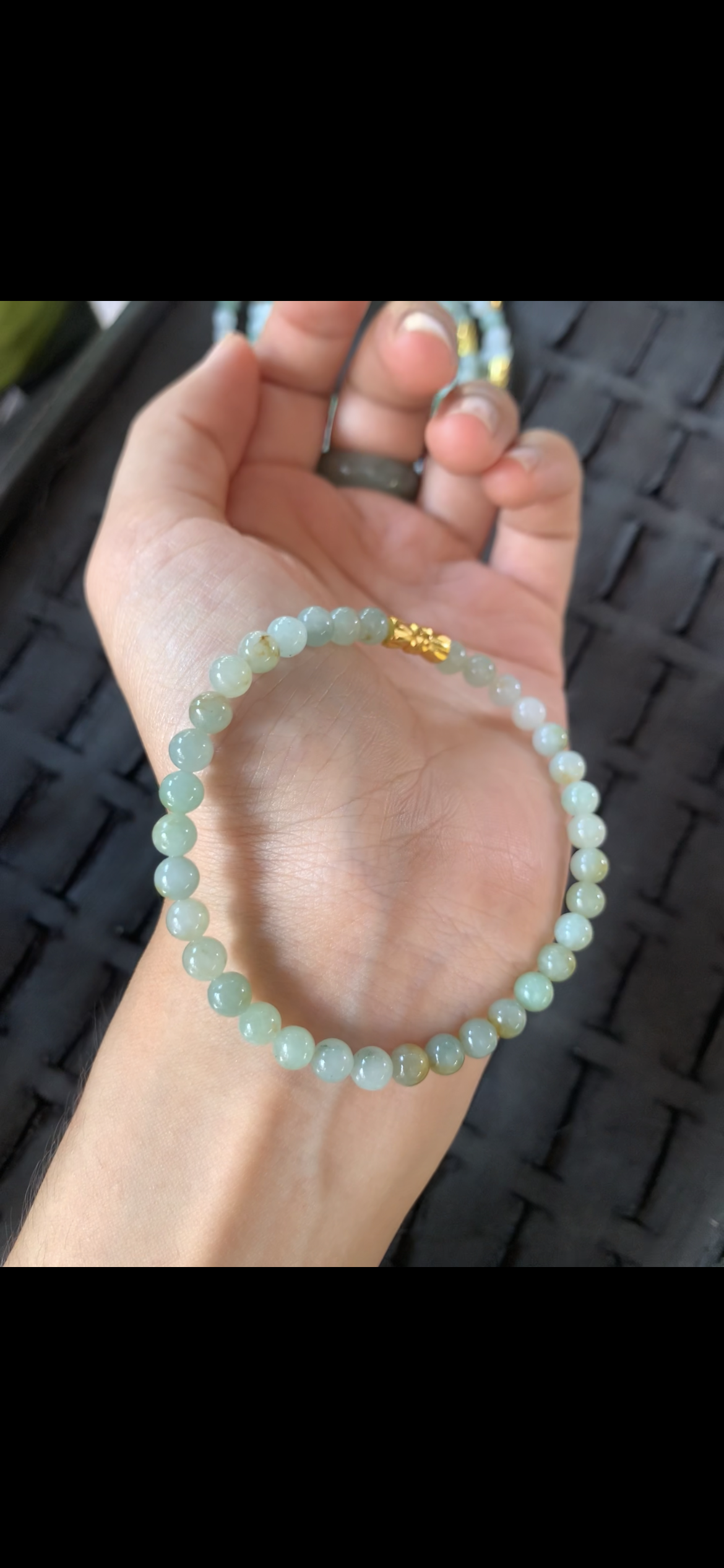 Pale Celadon Jade Beaded Bracelet with Gold Accent Bead