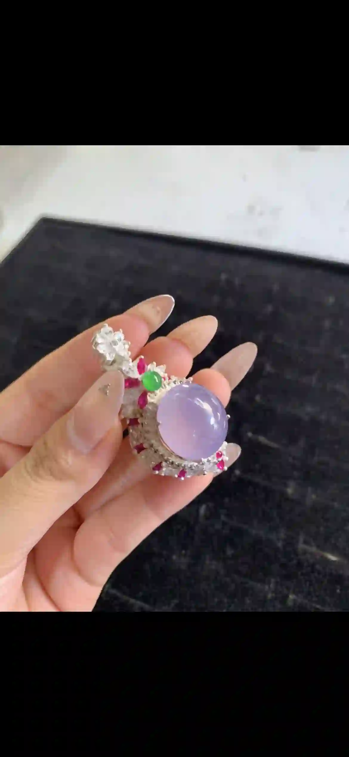 Lavender Jade Cabochon Pendant with Ruby & Emerald Accents — Luxury Statement Piece, view 2 | Myanmar Jadeite reference #27210001