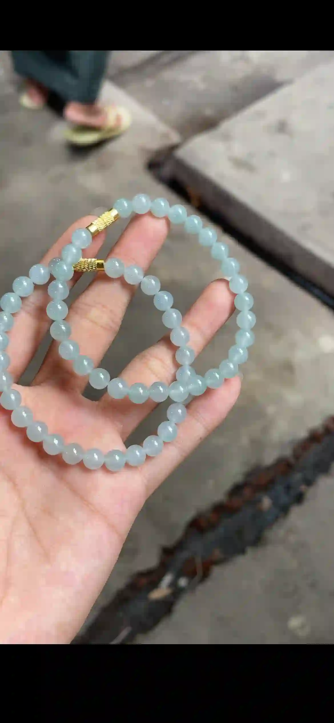Icy Pale Blue-Green Jade Bead Bracelet Set with Gold Accents | Myanmar Jadeite reference #19500001