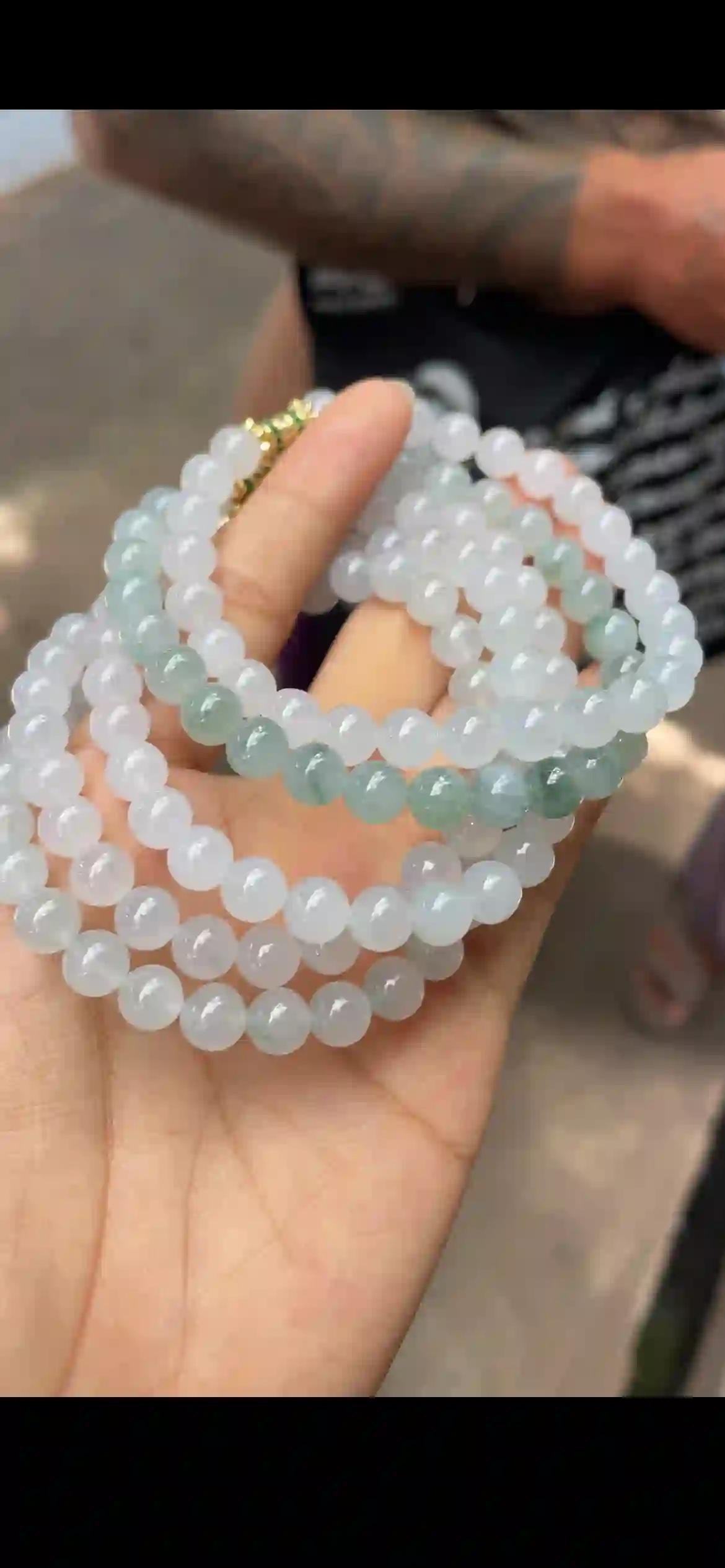 Icy White & Floating Green Gradient Jadeite Multi-Layer Strand, view 2 | Myanmar Jadeite reference #10860001