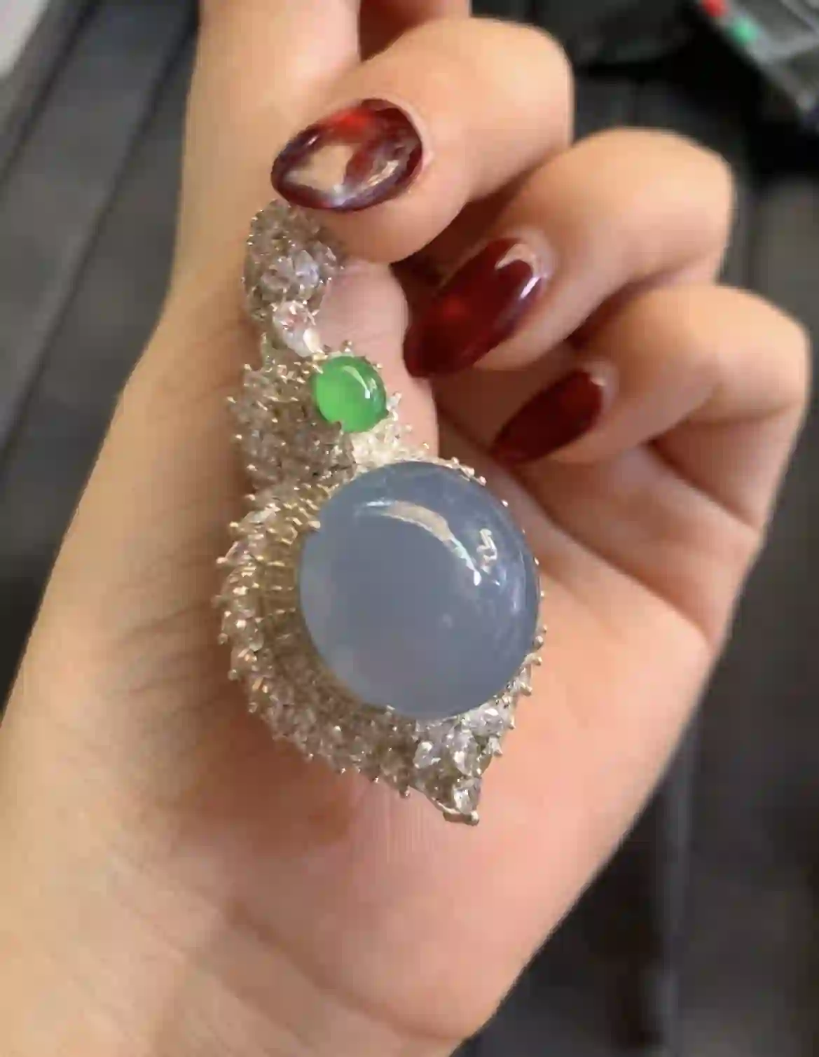   Lavender Blue Jadeite Cabochon Pendant with Green Jadeite & Diamond Halo Setting, view 2 | Myanmar Jadeite reference #2970001
